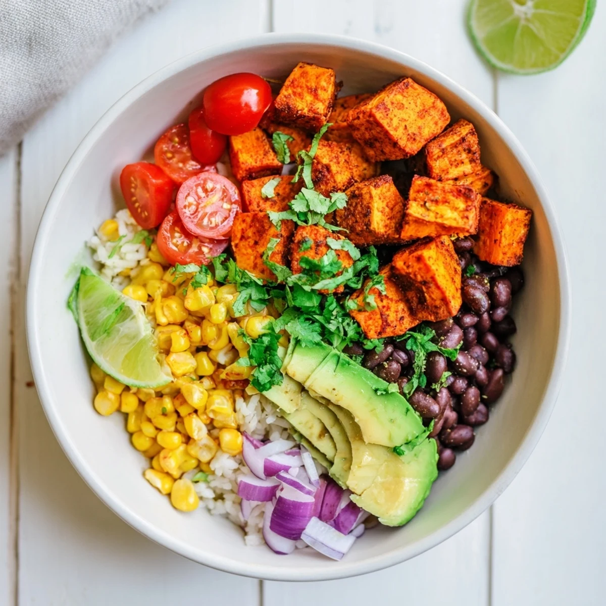 Colorful vegan sweet potato burrito bowl topped with creamy avocado and fresh cilantro