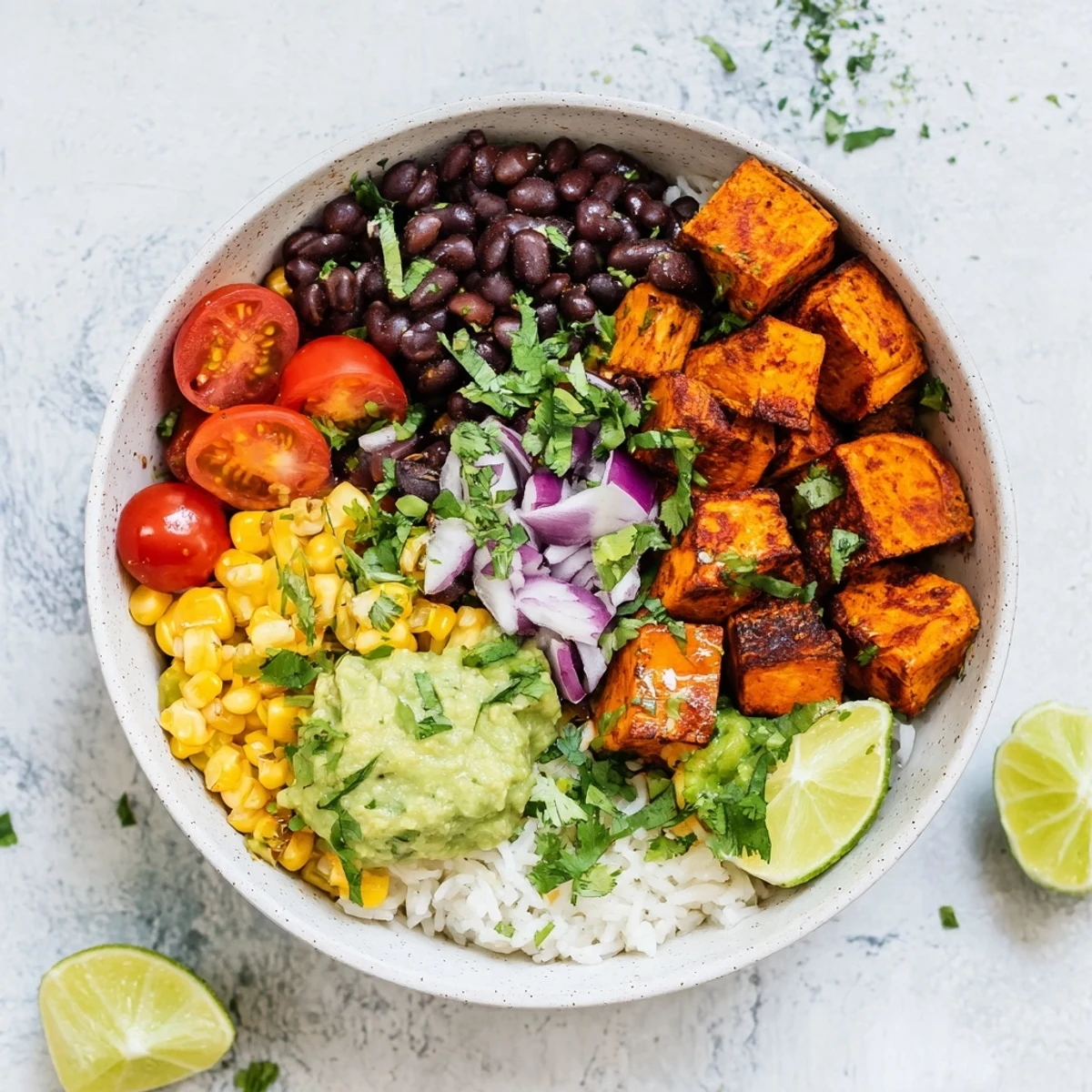 Wholesome vegan sweet potato burrito bowl with roasted spiced sweet potatoes and zesty lime rice
