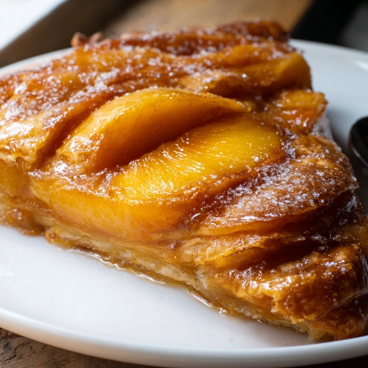 Golden classic peach cobbler with flaky crust bubbling with sweet spiced fruit filling