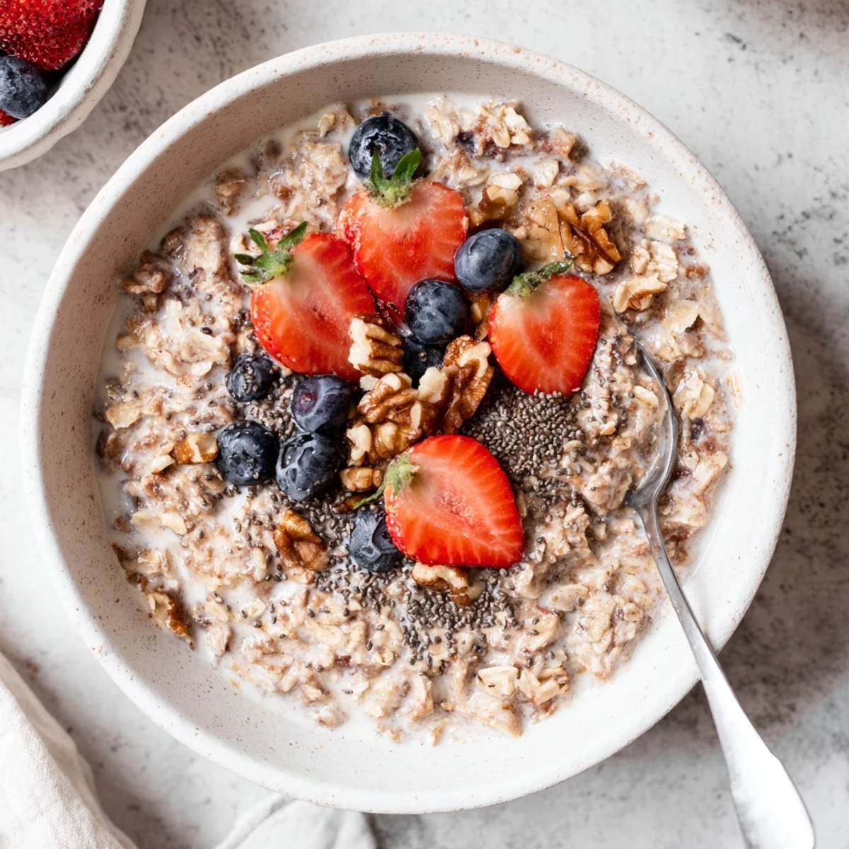 Creamy brown sugar overnight oats in a glass jar topped with fresh berries and chopped nuts