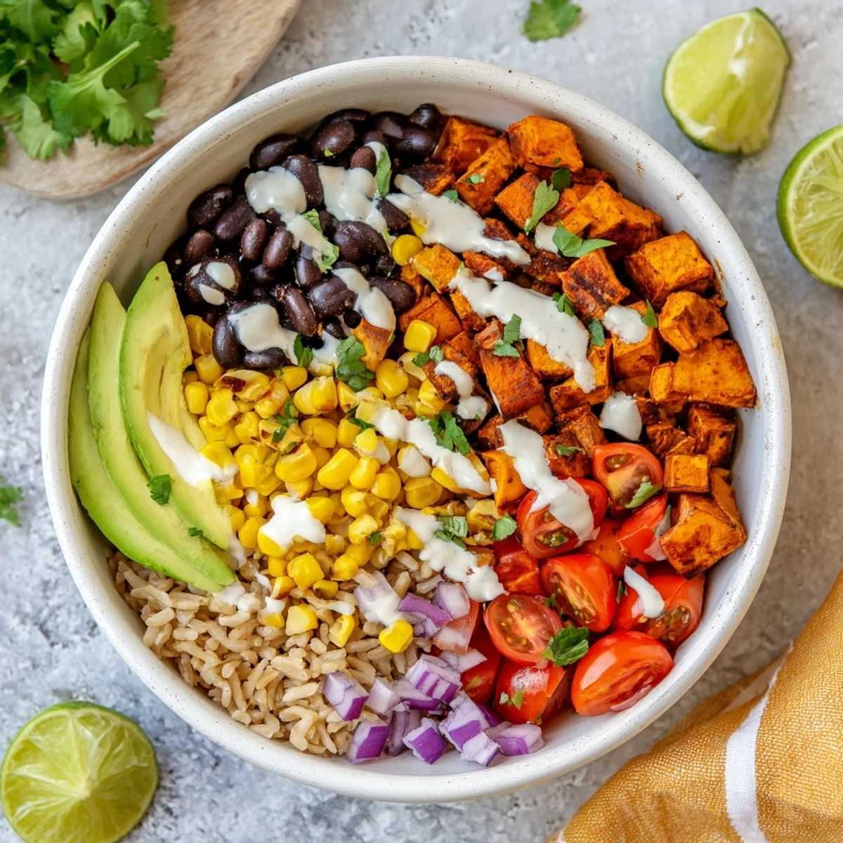 Satisfying vegan sweet potato burrito bowl arranged with fluffy brown rice base, tender roasted potato cubes, zesty bean mixture, and vibrant vegetable garnishes.