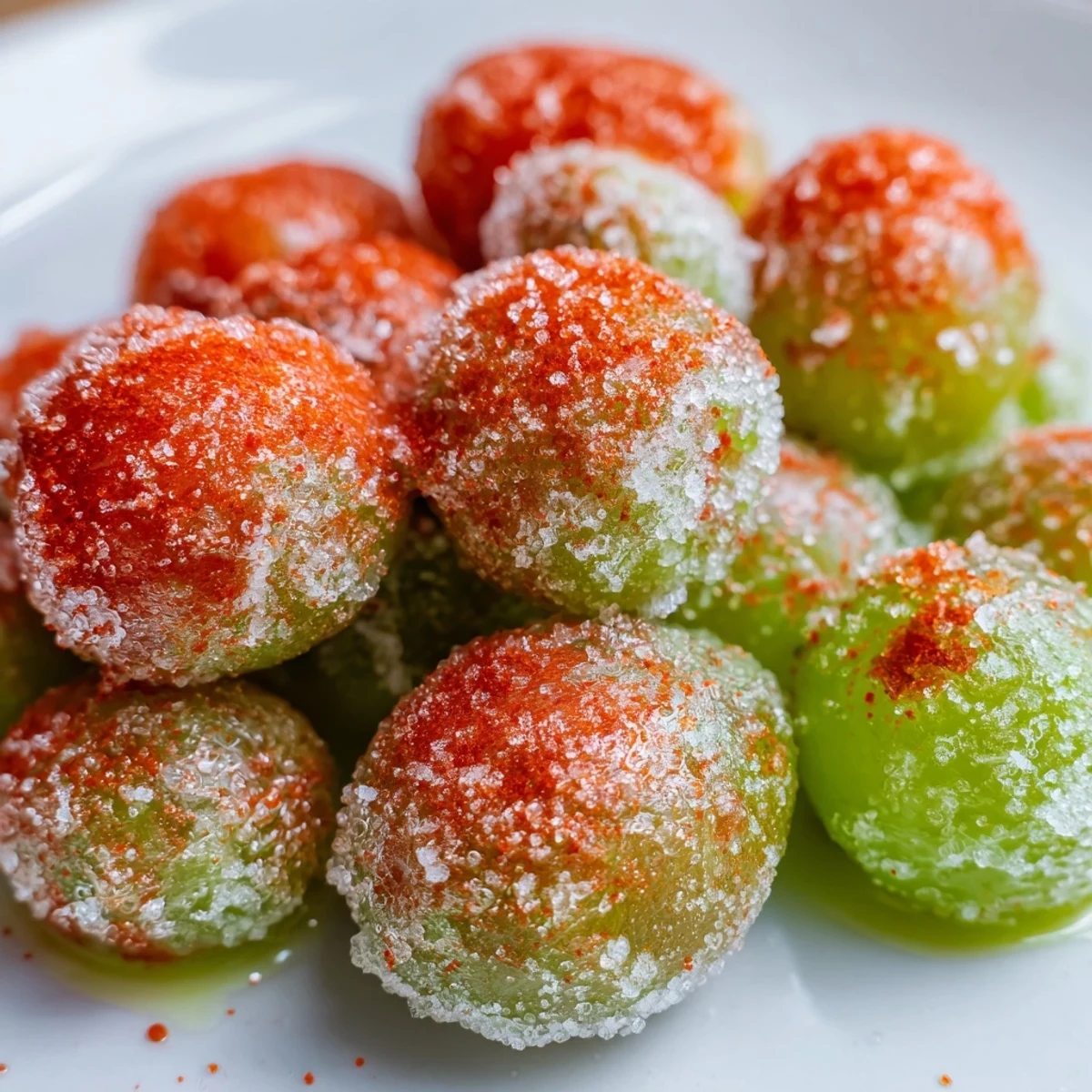 Frozen Tajín grapes arranged on a white plate with vibrant red spice coating