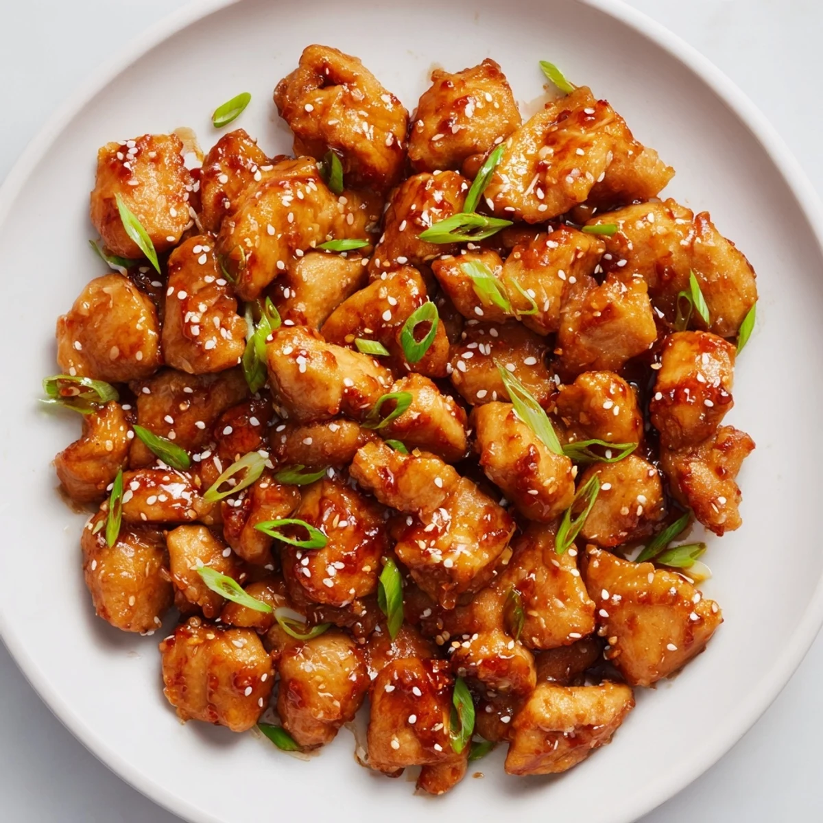 Golden chicken pieces glistening with sticky sweet chili sauce garnished with sesame seeds