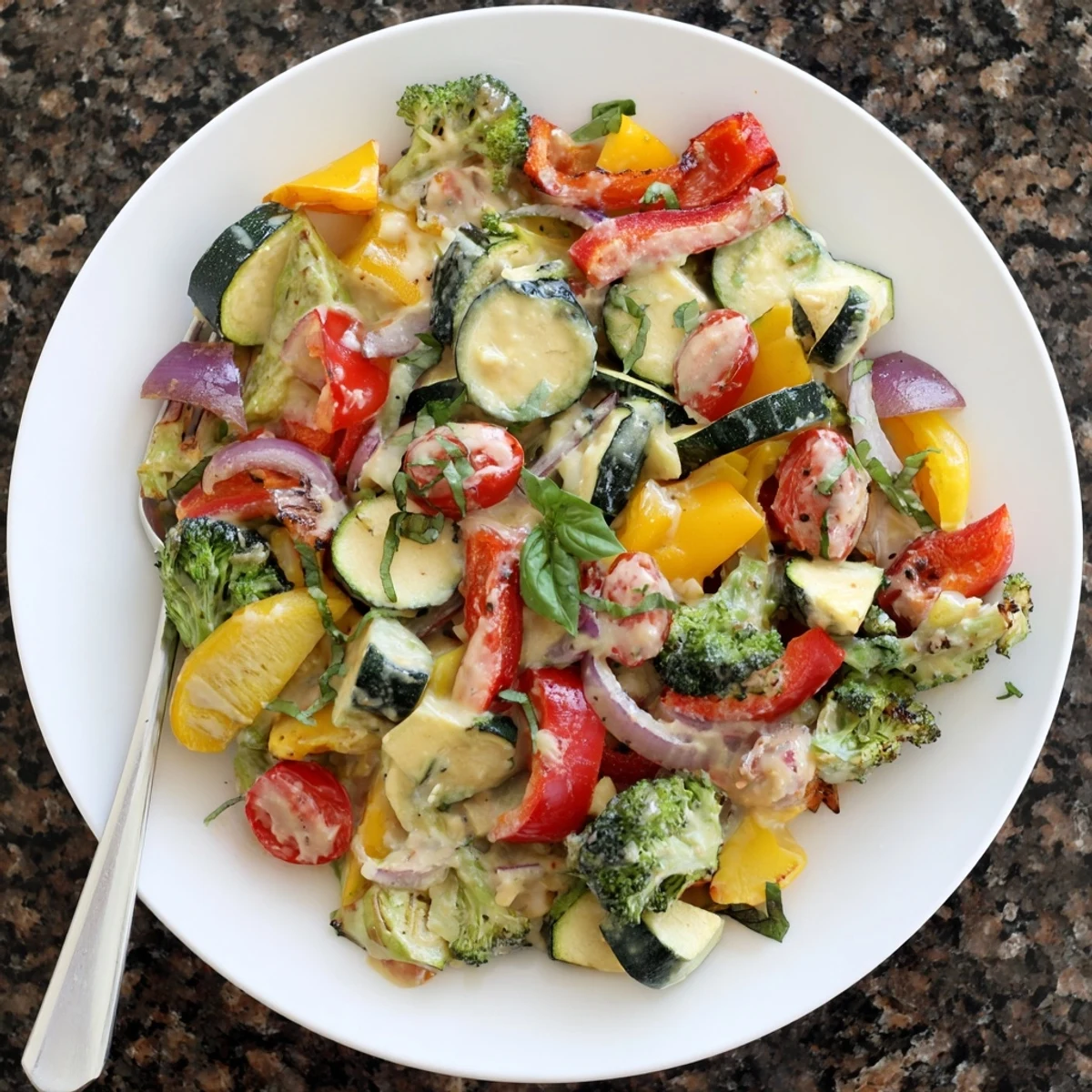 Golden brown roasted vegetables drizzled with creamy sun-dried tomato sauce and fresh basil