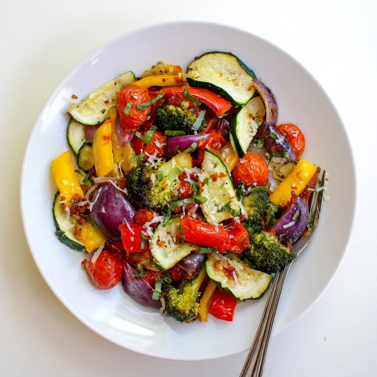 Vibrant zucchini peppers and eggplant coated in savory sun-dried tomato cream with basil garnish