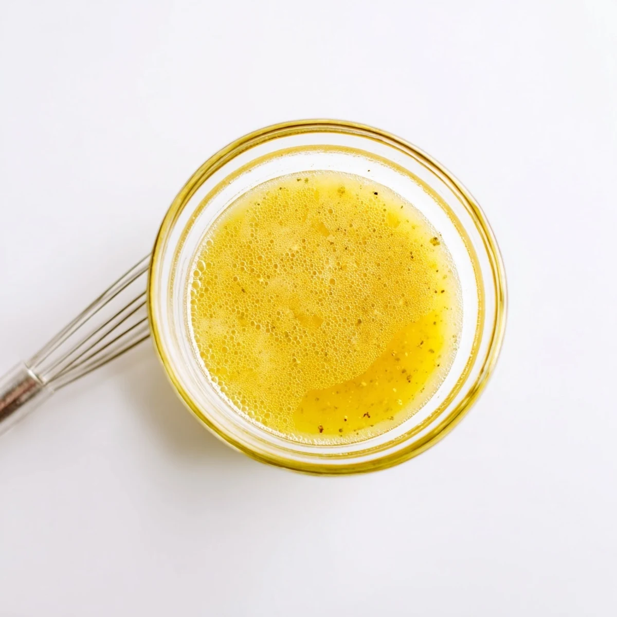 Golden honey lemon vinaigrette drizzled over fresh green salad in white bowl