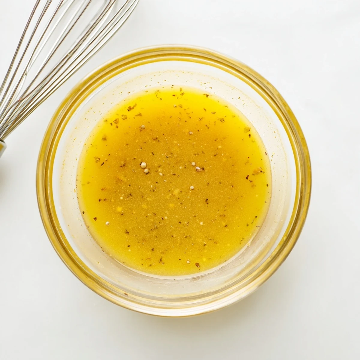 Tangy honey lemon vinaigrette dressing emulsified in clear glass jar with citrus zest