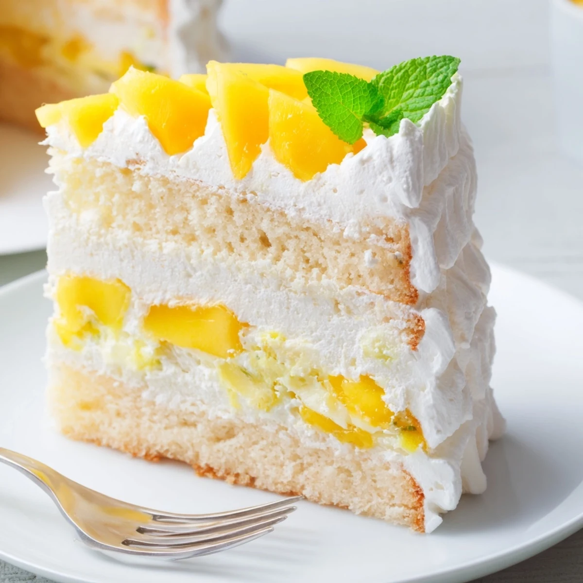 Individual mango yuzu Chantilly cakes topped with mint and edible flowers on white plates