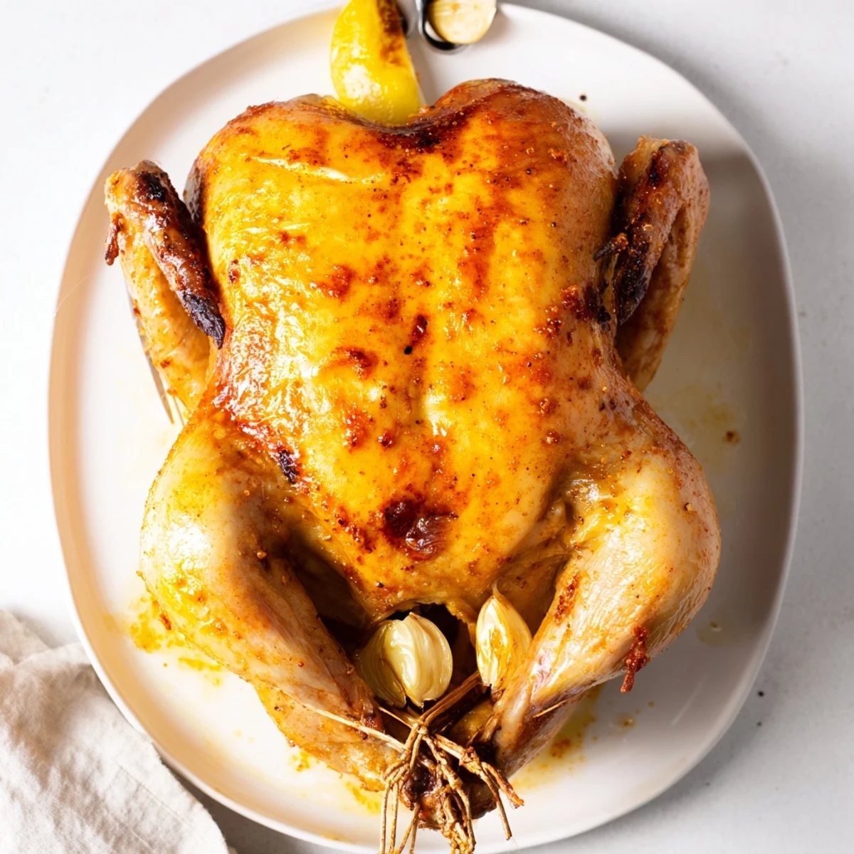 Golden brown juicy rotisserie chicken with crispy seasoned skin resting on a carving board