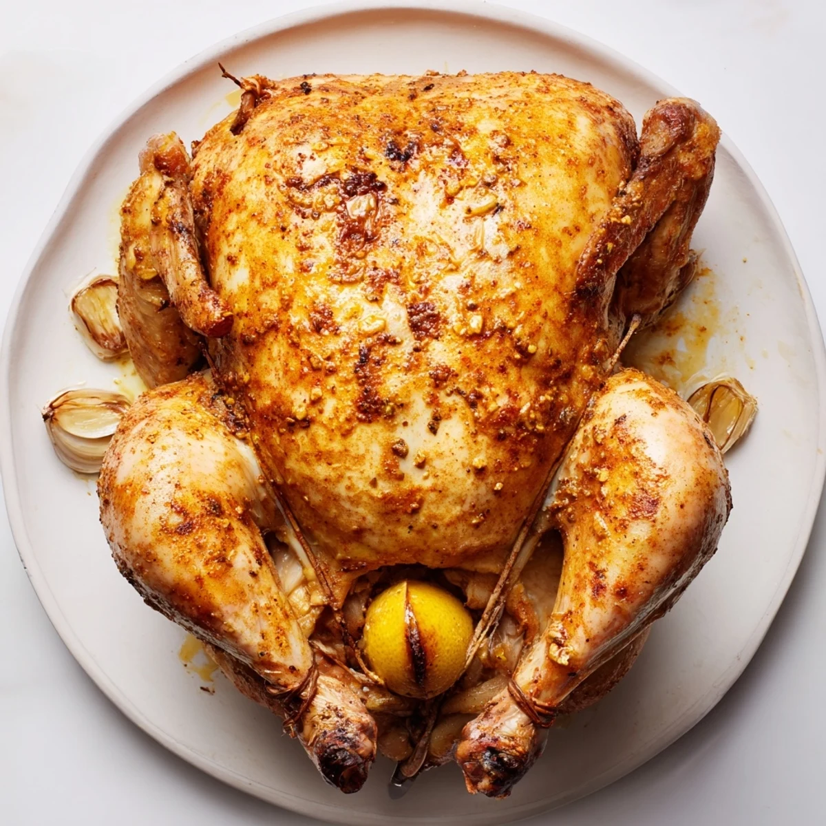 Whole roasted rotisserie chicken with tender meat served alongside fresh herbs and lemon wedges