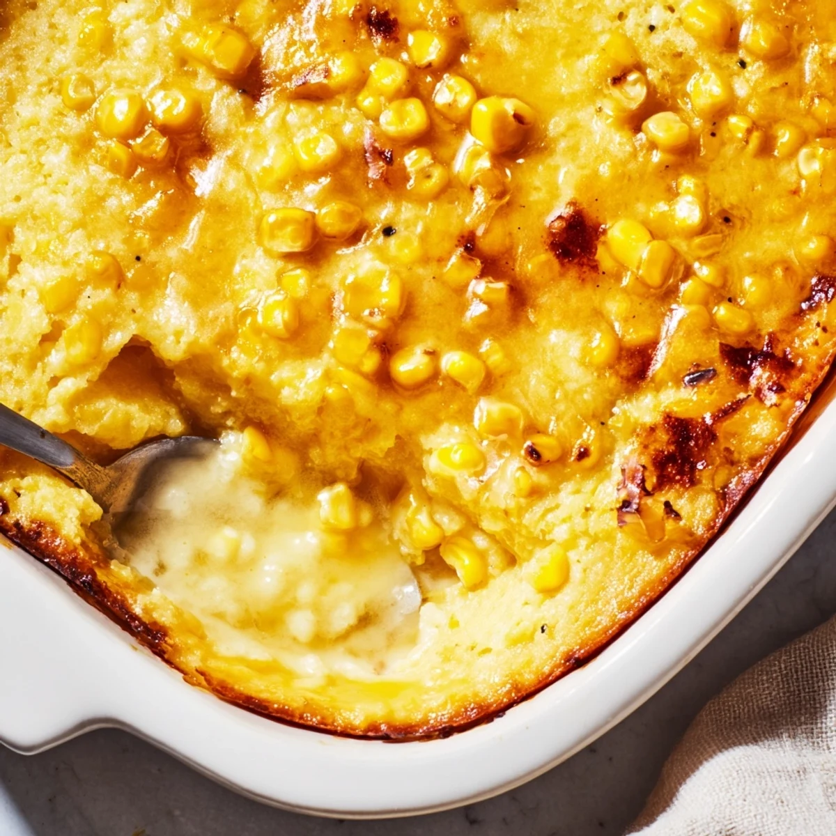 Spoonful of honey glazed corn casserole showcasing sweet custard and golden caramelized surface