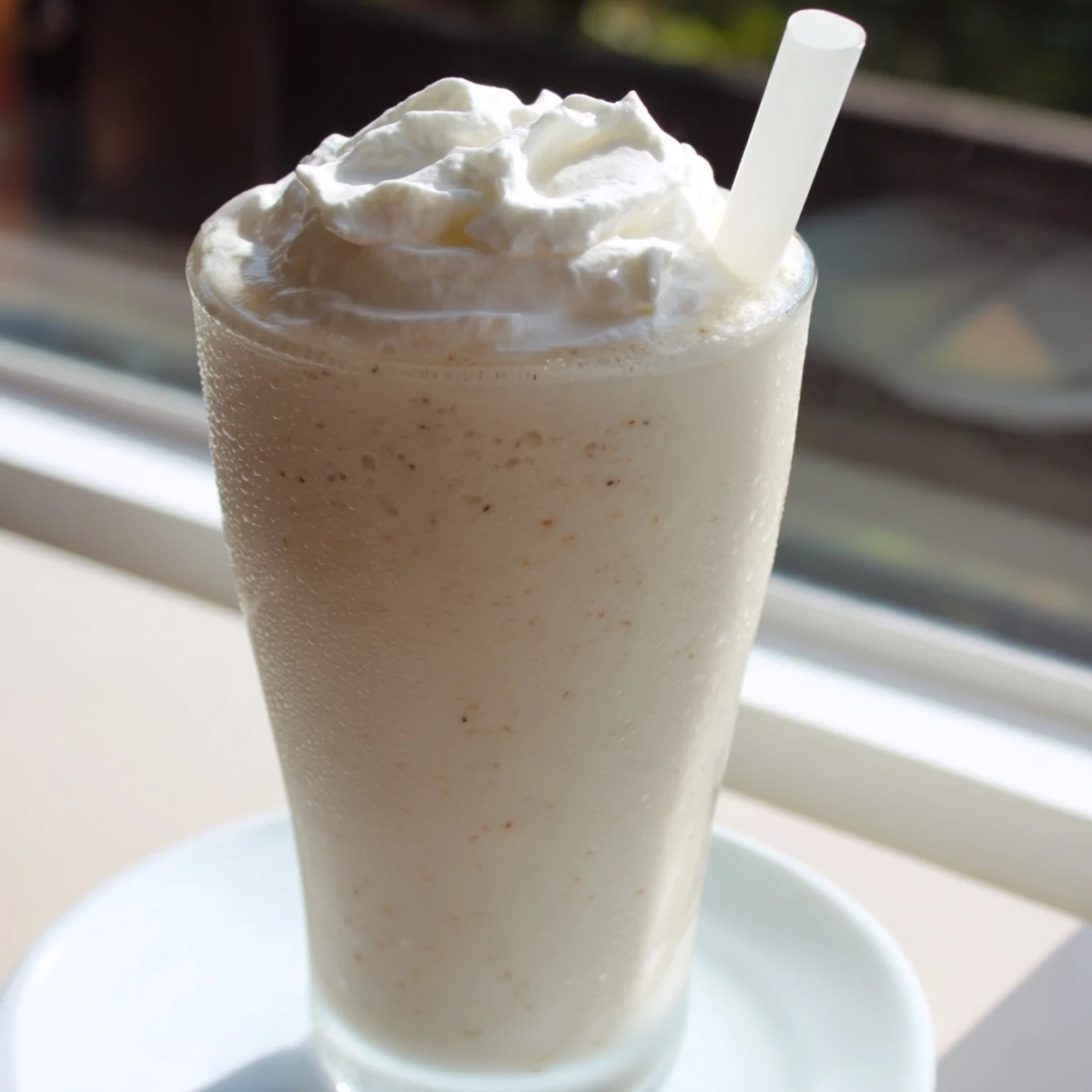 Creamy vanilla bean frappuccino topped with fluffy whipped cream in chilled glasses