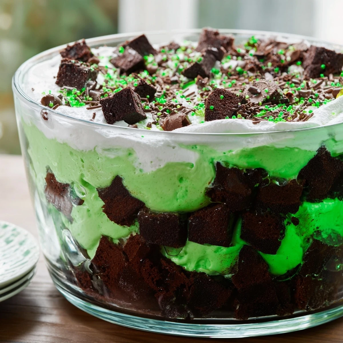 Glass trifle bowl showcasing layered St. Patricks Day brownie trifle with chocolate brownie cubes, bright green pistachio pudding, and fluffy white whipped cream topped with green sprinkles