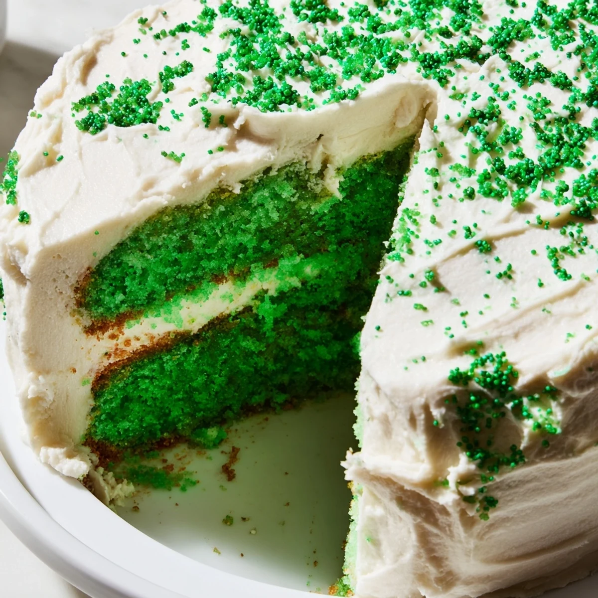 Festive St. Patricks Day cake with vibrant green layers and fluffy vanilla frosting