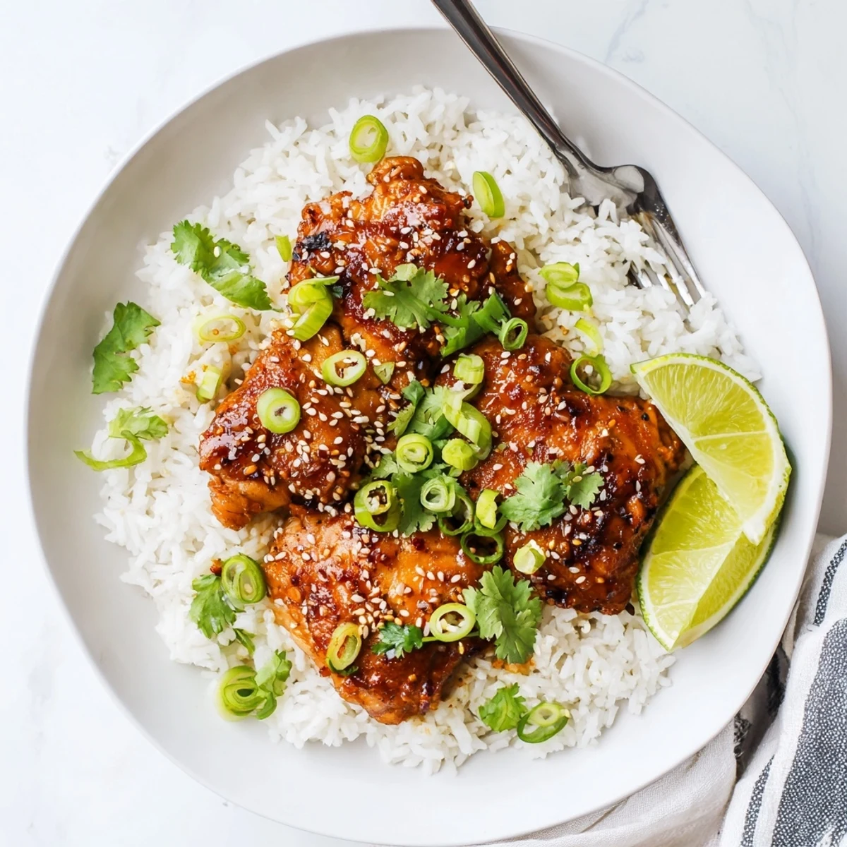 Close-up of tender chicken pieces coated in sweet spicy glaze beside fragrant coconut rice