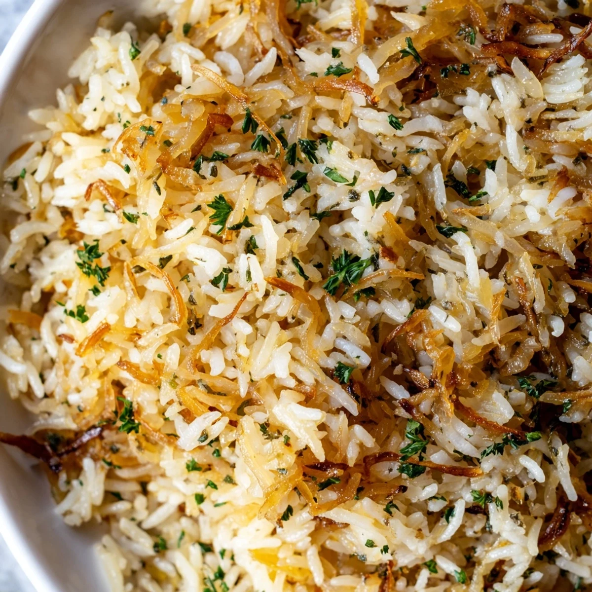 Creamy French onion butter rice served in white bowl with melted Gruyère topping