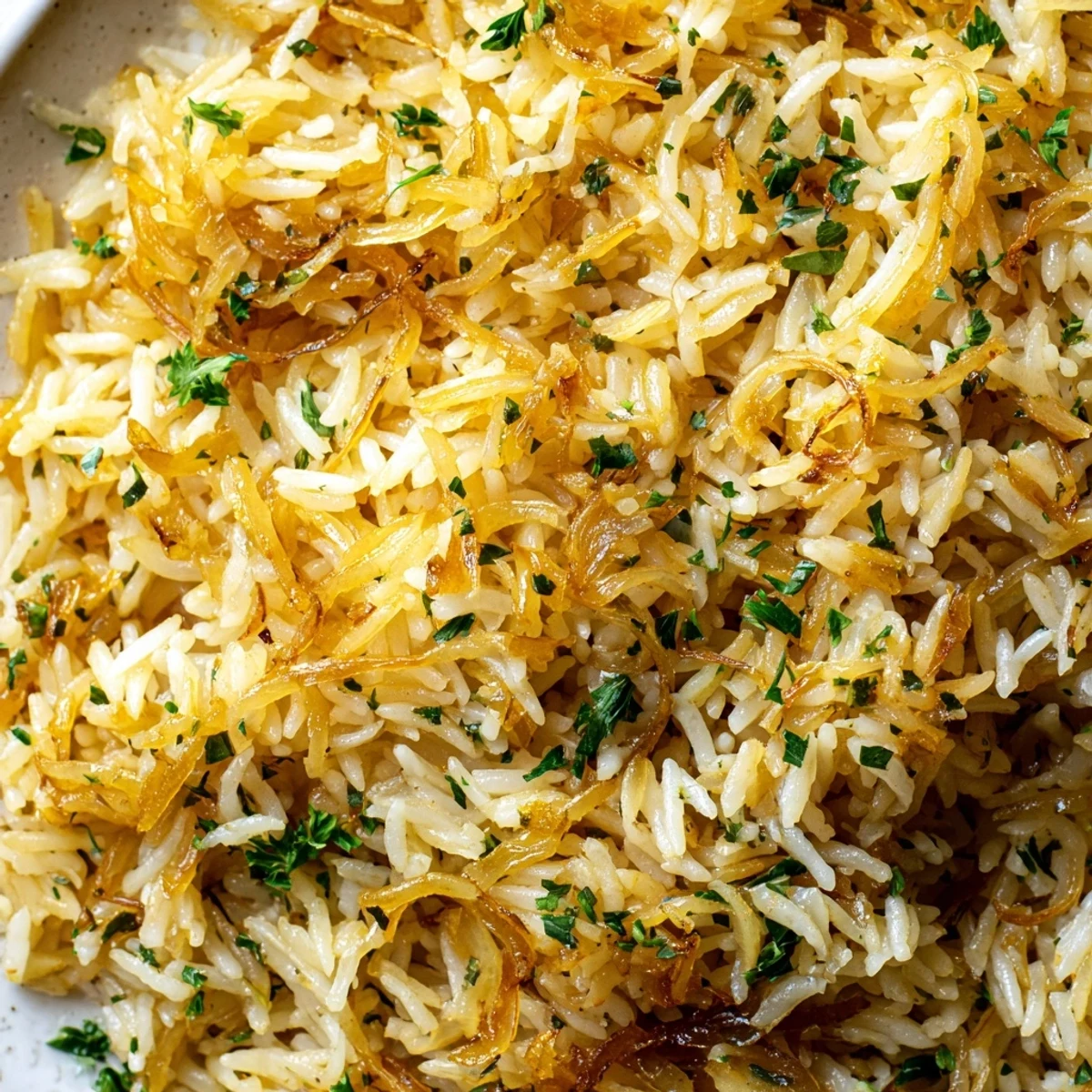 Steaming French onion butter rice featuring tender grains and rich buttery onion sauce