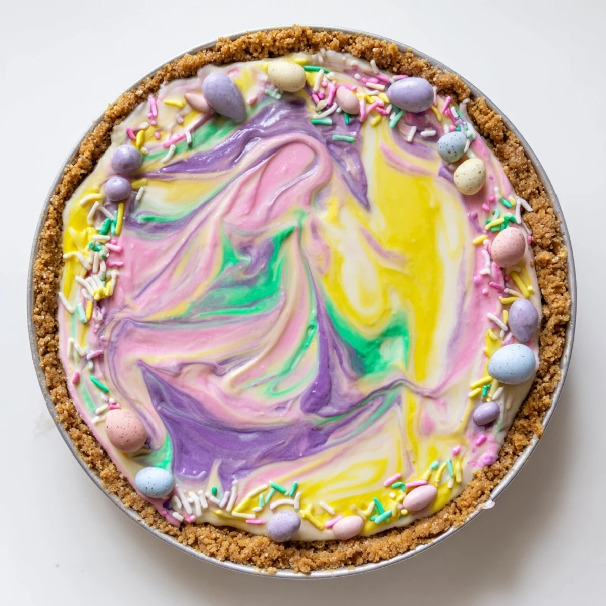 Creamy Easter Swirl Pie with pastel marbled filling in a crispy graham cracker crust topped with sprinkles