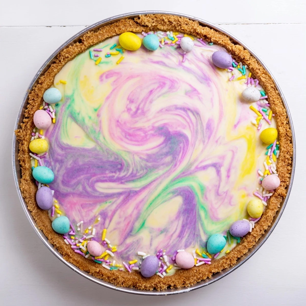 Sliced Easter Swirl Pie revealing colorful vanilla cream cheese swirls on a white dessert plate