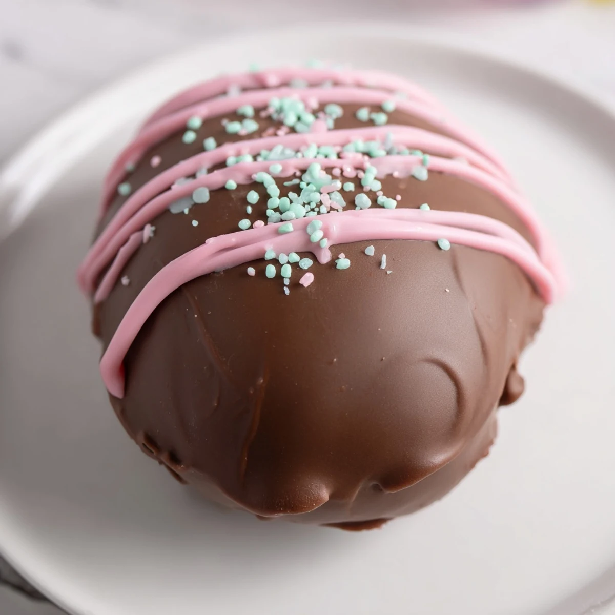 Creamy Cool Whip Easter Eggs coated in glossy dark chocolate topped with colorful pastel sprinkles