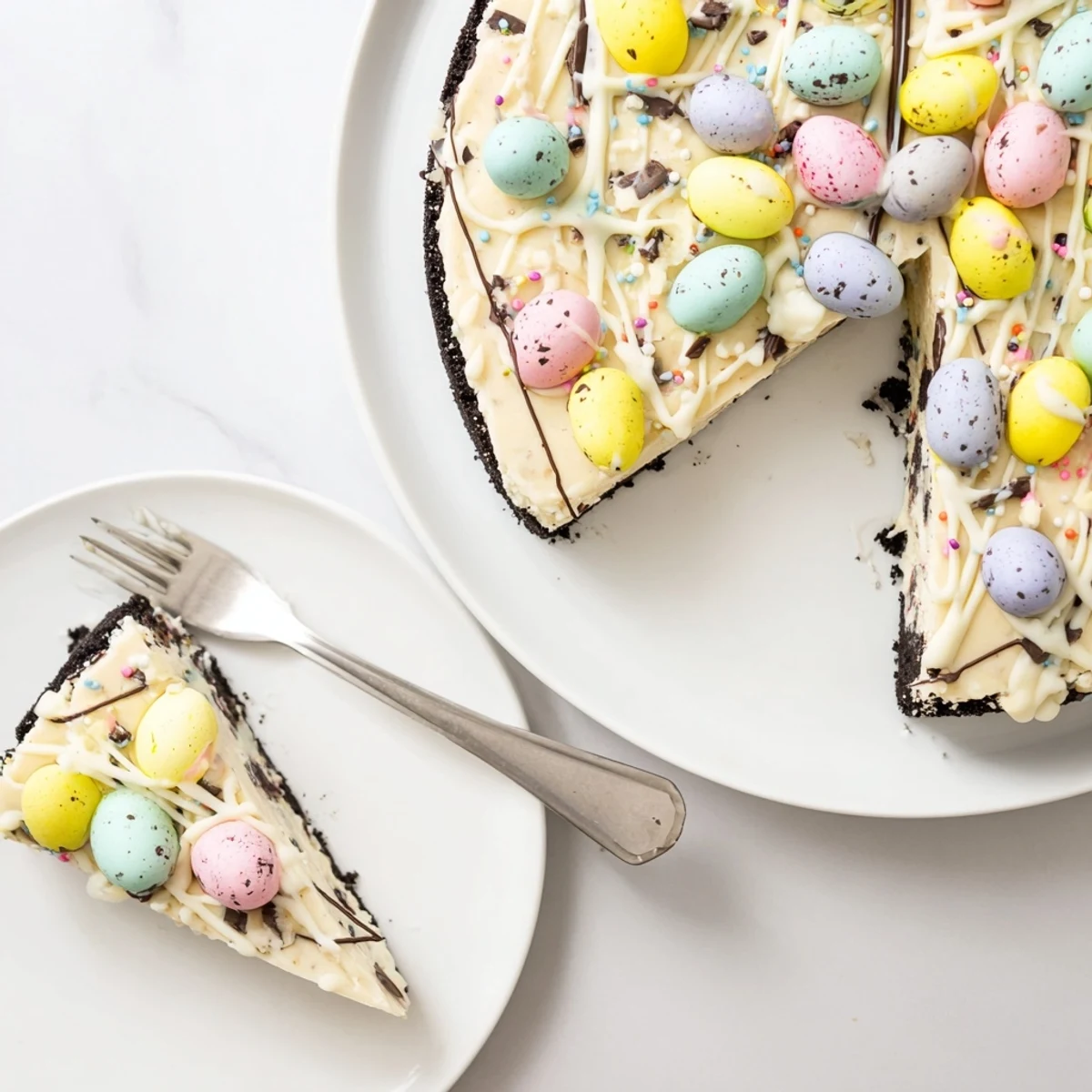 Slice of velvety Easter Egg Cheesecake garnished with pastel chocolate eggs for spring dessert