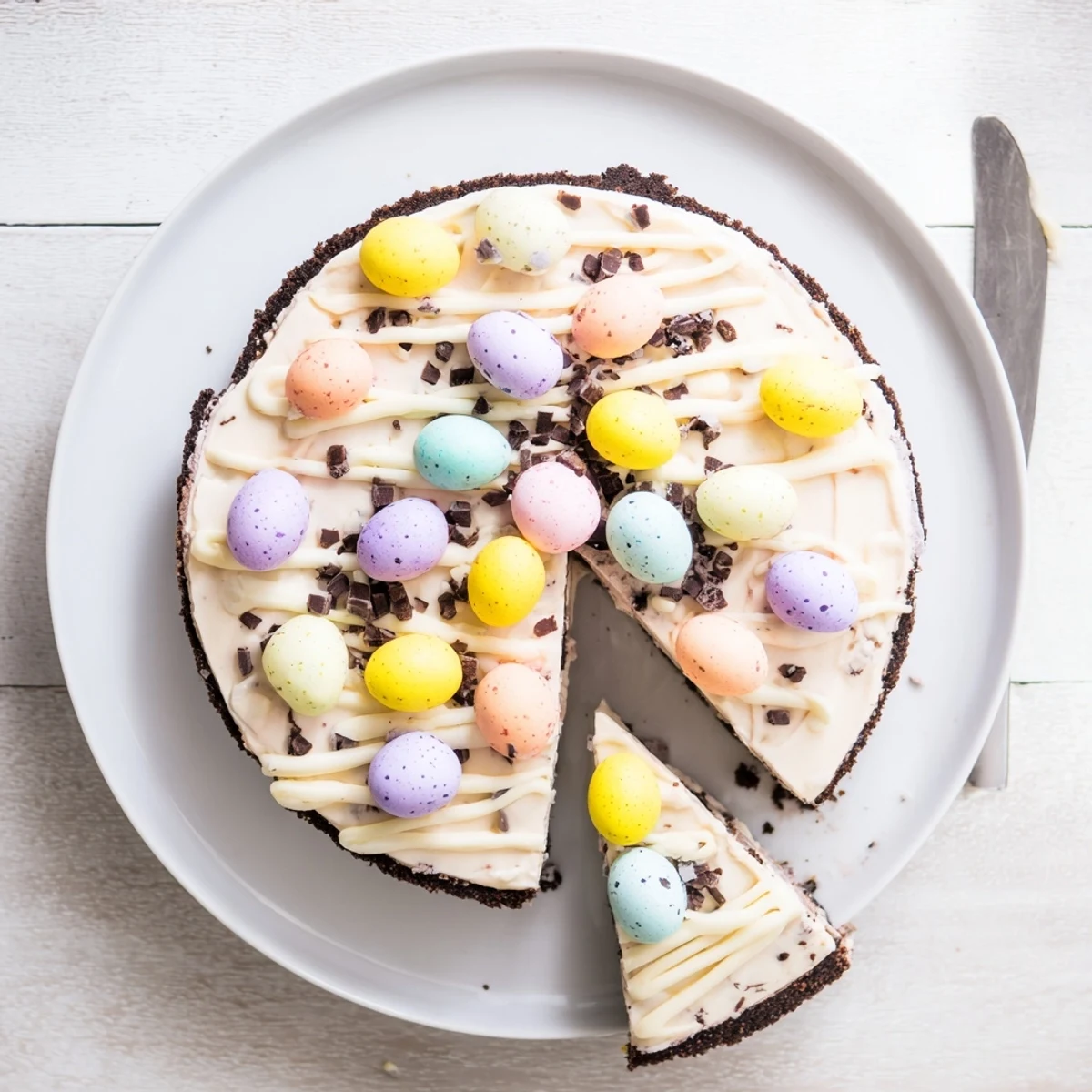 Festive Easter Egg Cheesecake drizzled with white chocolate and decorated with colorful Easter egg candies