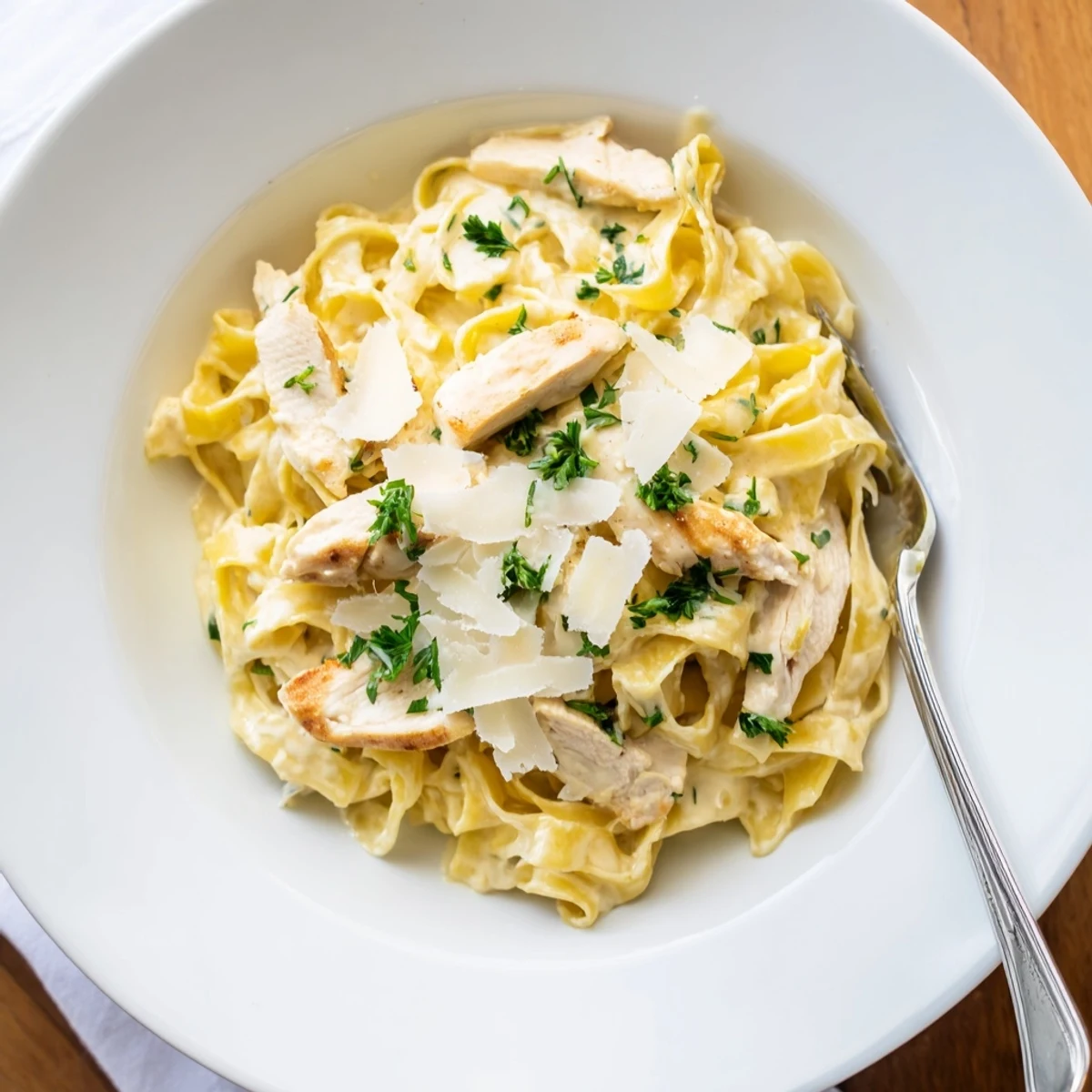 Heaping bowl of garlic parmesan chicken pasta featuring tender sliced chicken swimming in a velvety white cheese sauce