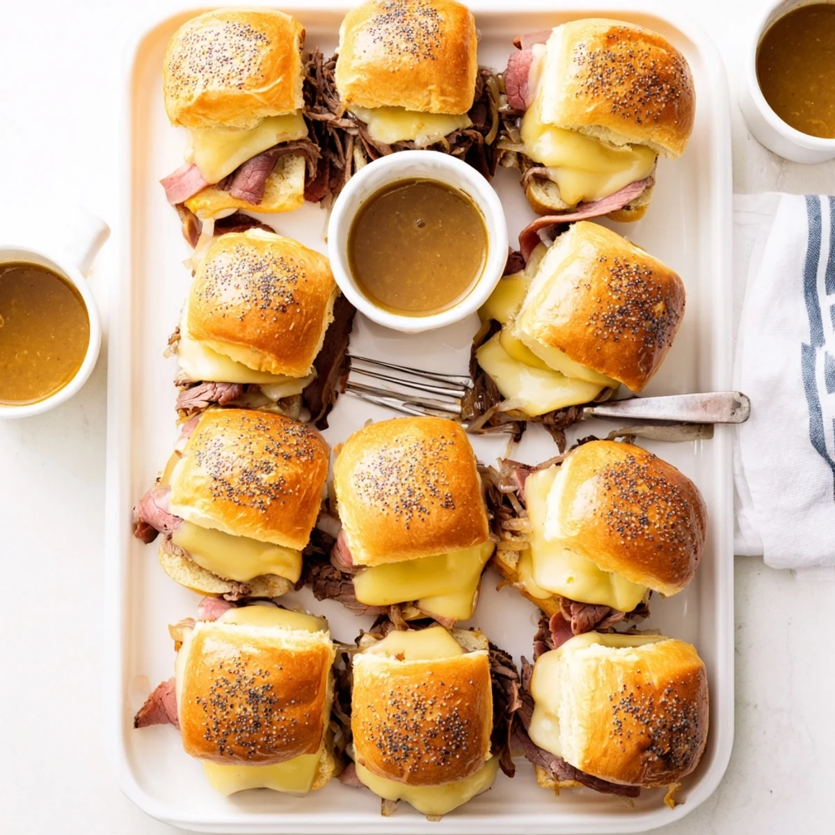 Golden French Dip Sliders with melted provolone and caramelized onions on a baking tray