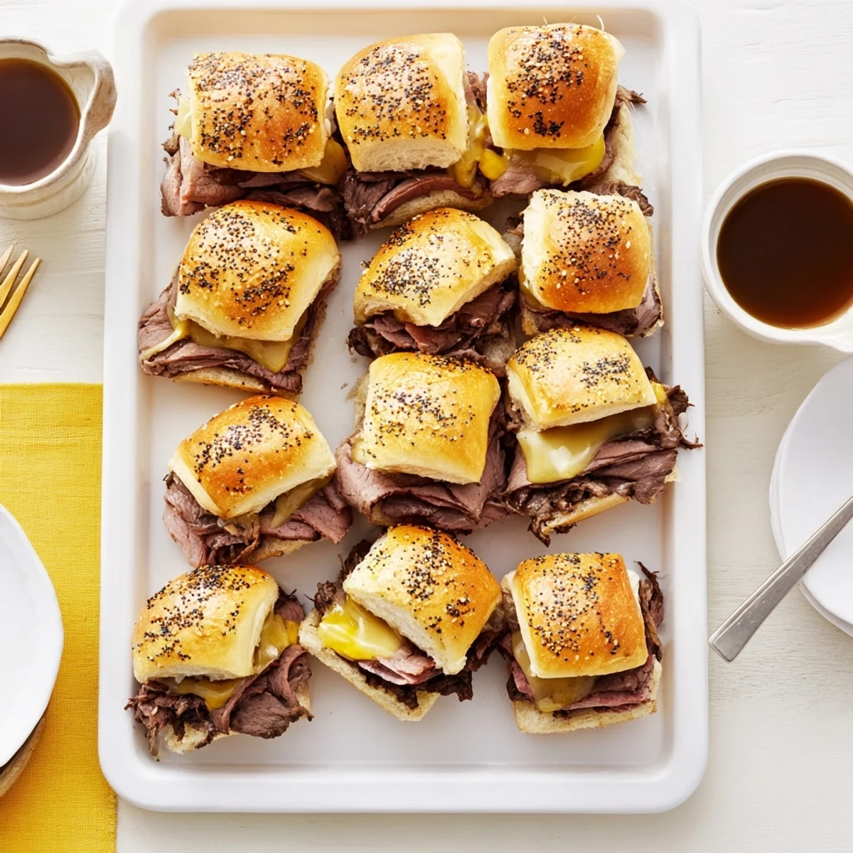 Buttery Hawaiian roll French Dip Sliders stacked with roast beef and cheese, ready for party serving