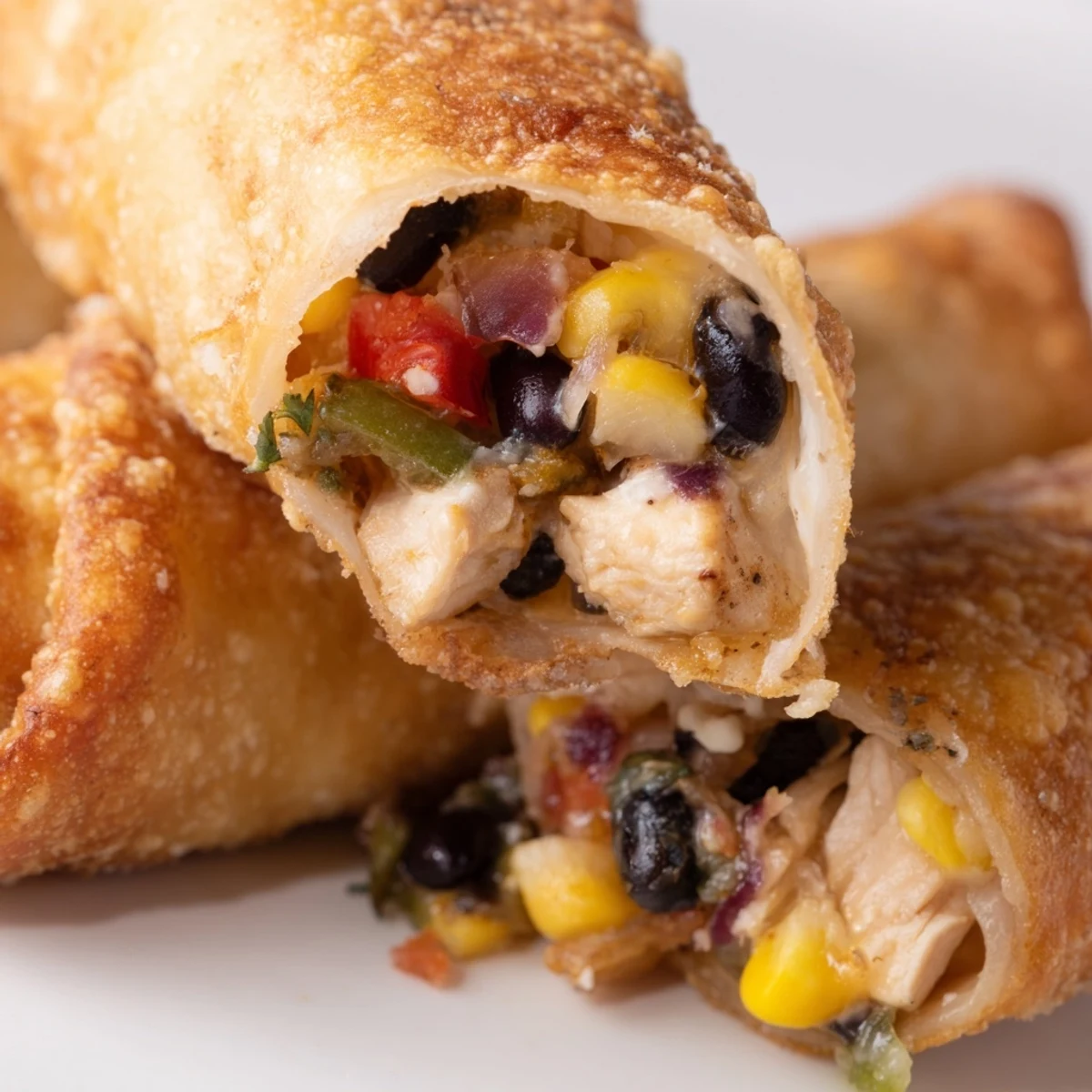 Crispy fried Southwest egg rolls cut open to reveal colorful vegetable and chicken filling