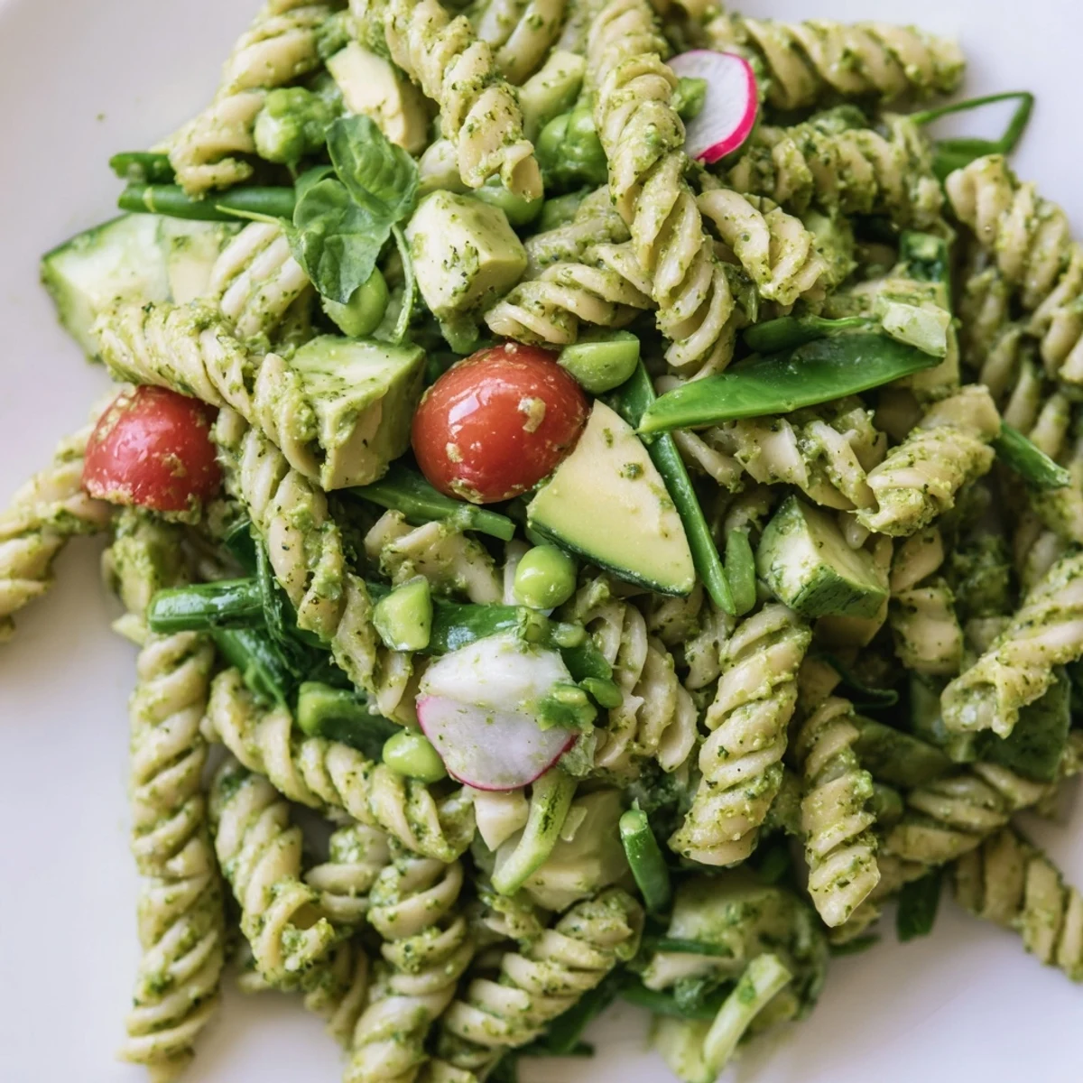 Creamy Green Goddess pasta salad with fresh herbs, cucumber, and radishes perfect for summer picnics and potlucks