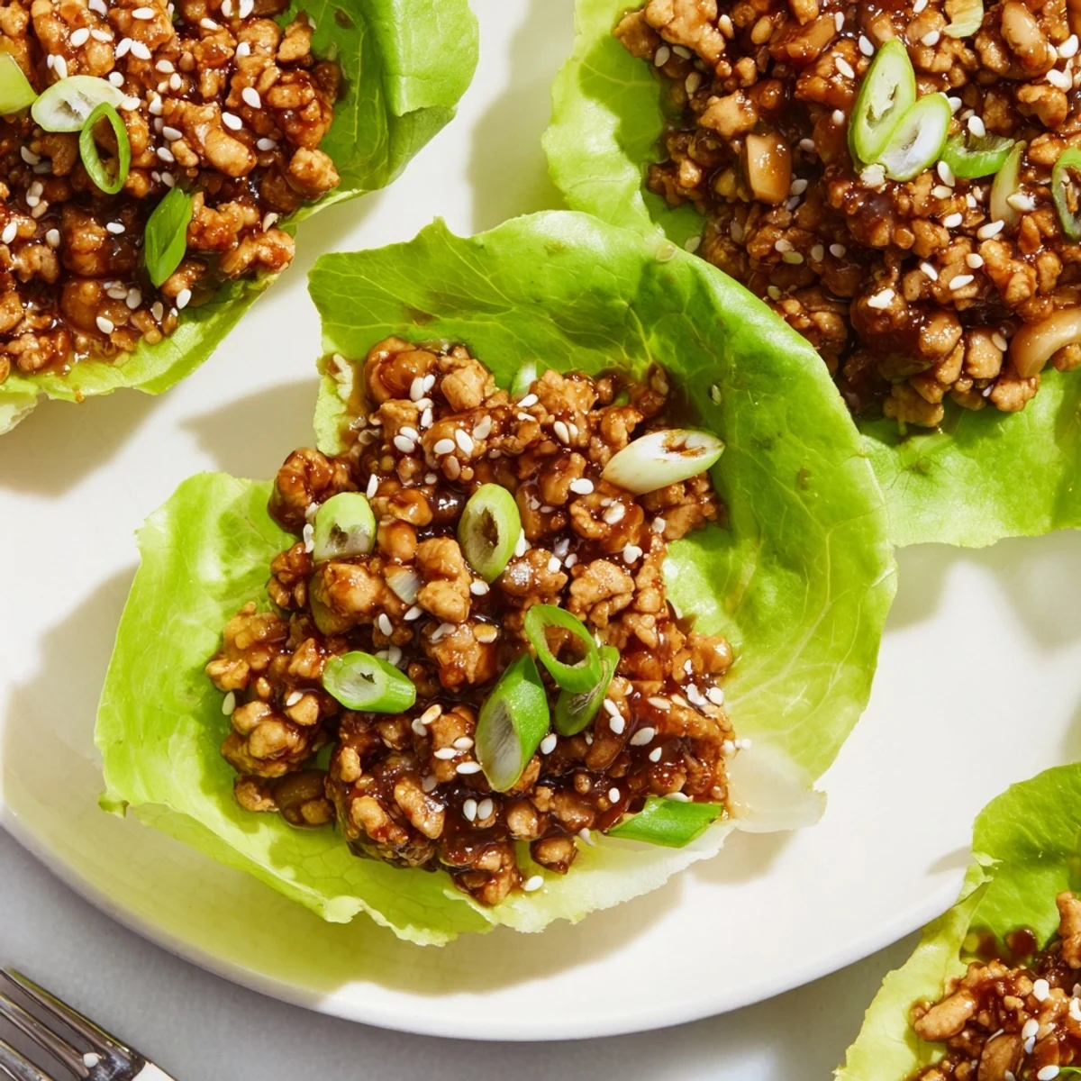 Fresh lettuce wraps piled with seasoned chicken mixture and diced water chestnuts for light lunch