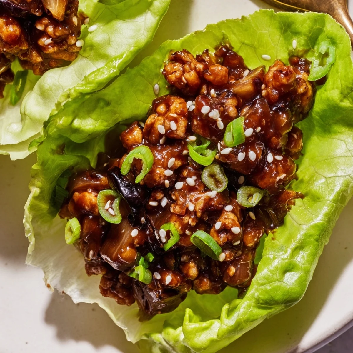 Savory ground chicken filling spooned into crisp butter lettuce cups for healthy appetizer serving