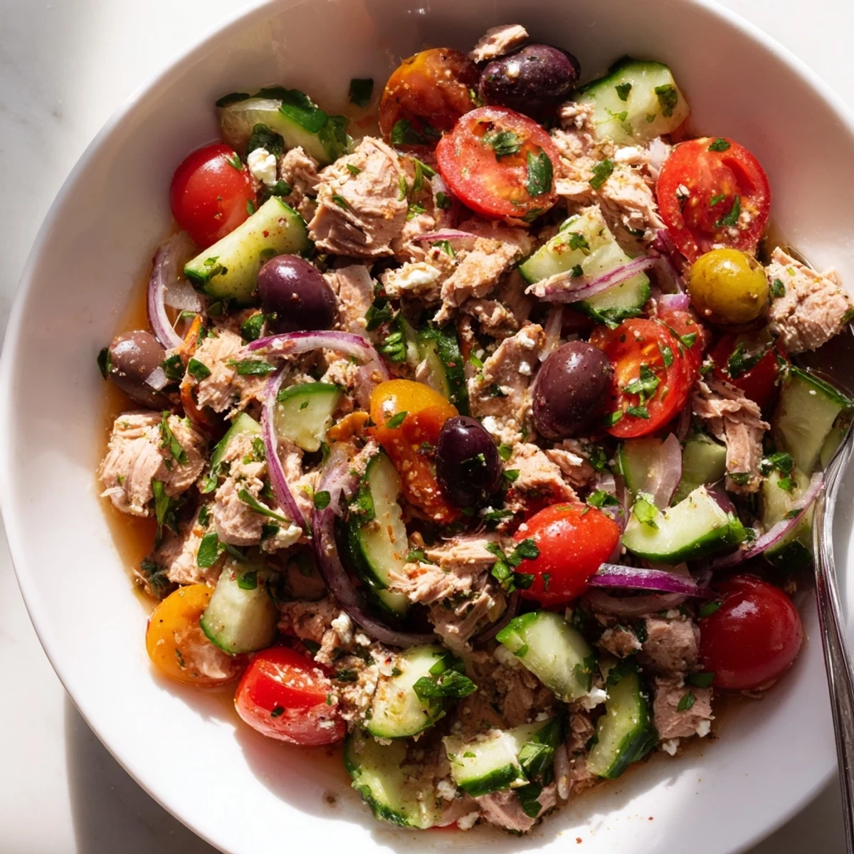 Fresh Mediterranean tuna salad plated with crisp cucumber, tomatoes, and briny Kalamata olives