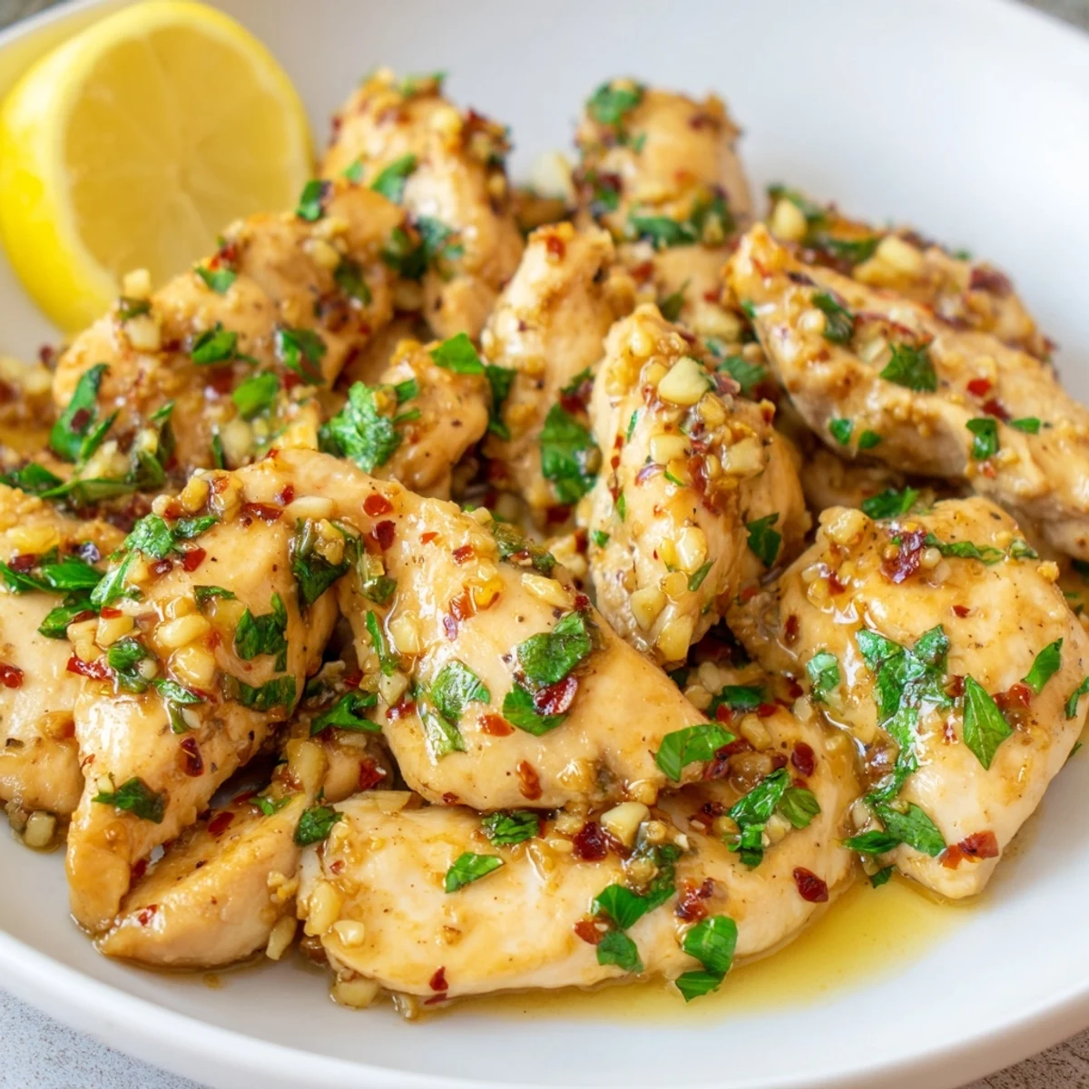 Golden brown garlic butter chicken bites sizzling in a rich buttery sauce with fresh parsley garnish