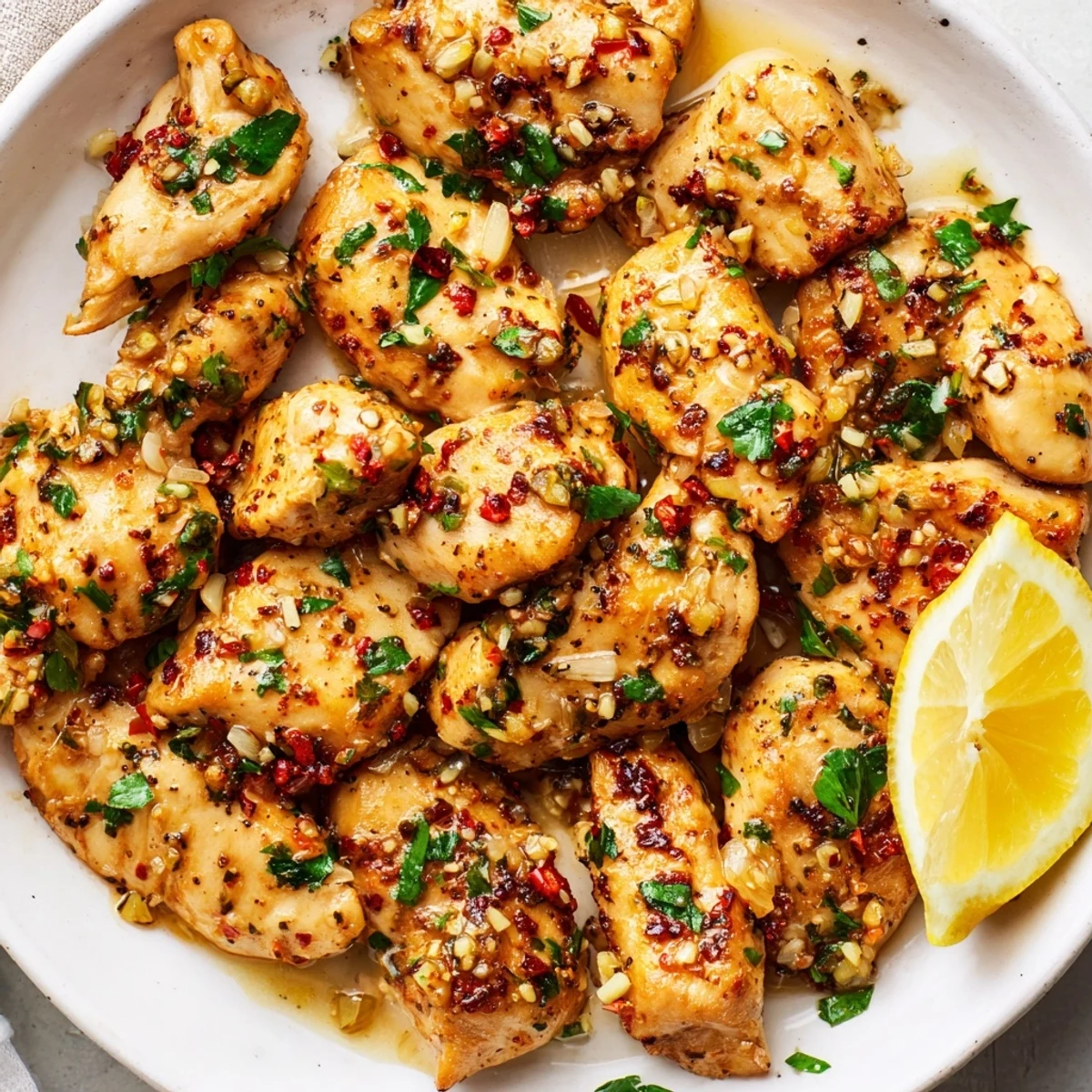Savory pan-seared chicken bites coated in melted garlic butter and sprinkled with chopped fresh parsley