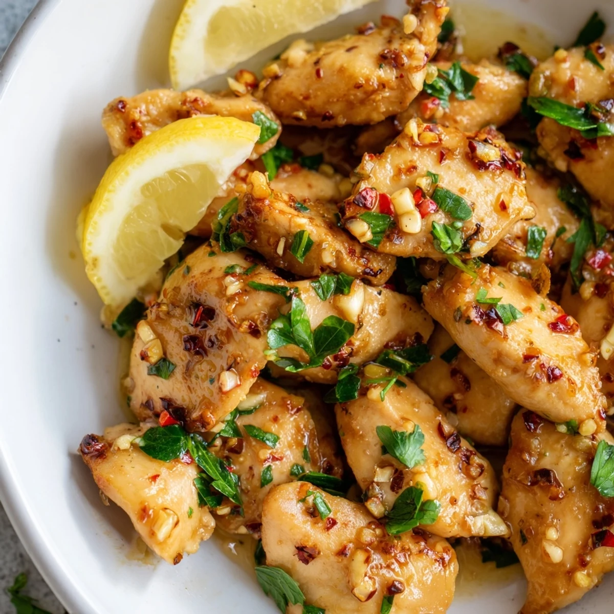 Tender juicy chicken pieces tossed in aromatic garlic butter sauce and served with lemon wedges