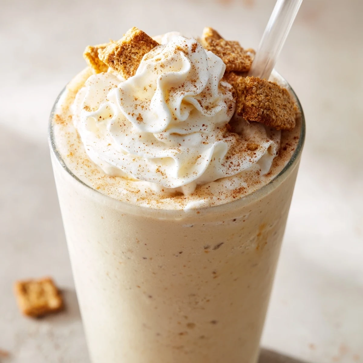 Frothy Cinnamon Toast Crunch frappe topped with whipped cream and cereal sprinkles