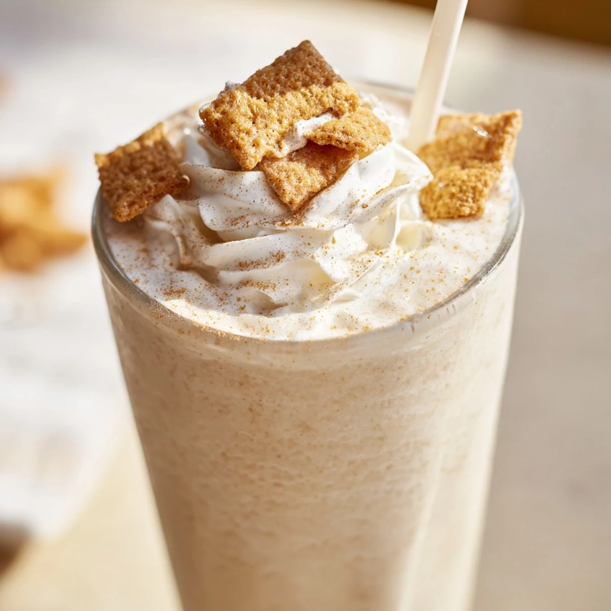 Tall glass of blended Cinnamon Toast Crunch frappe with garnish and straw