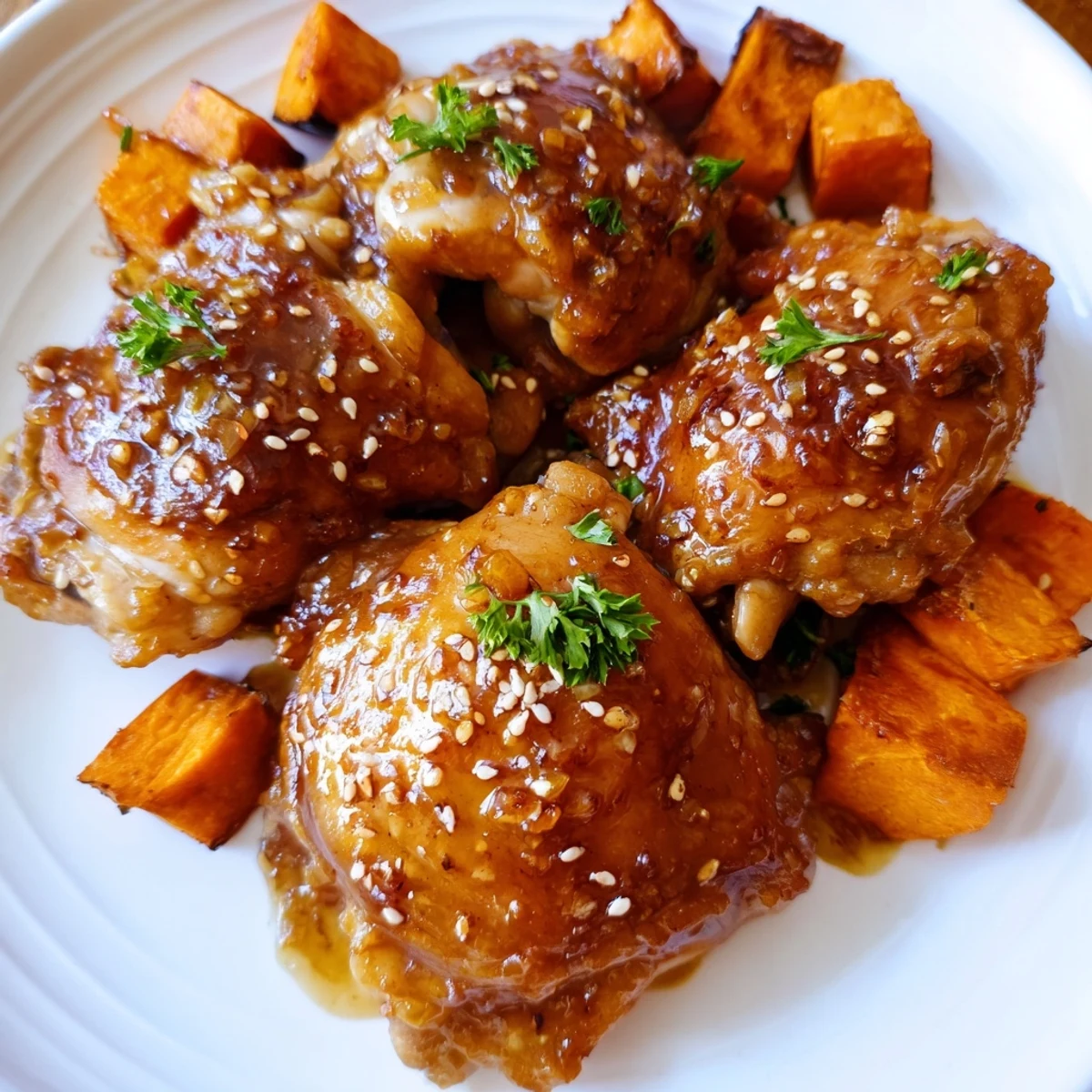 Golden glazed chicken thighs with sweet honey garlic sauce beside caramelized roasted sweet potato cubes