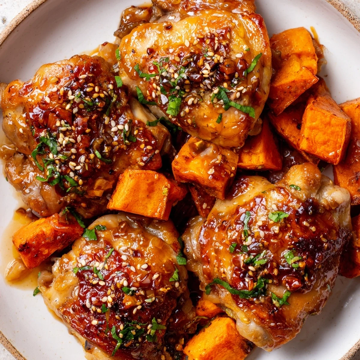 One pan honey garlic chicken with roasted sweet potatoes garnished with fresh parsley and sesame seeds