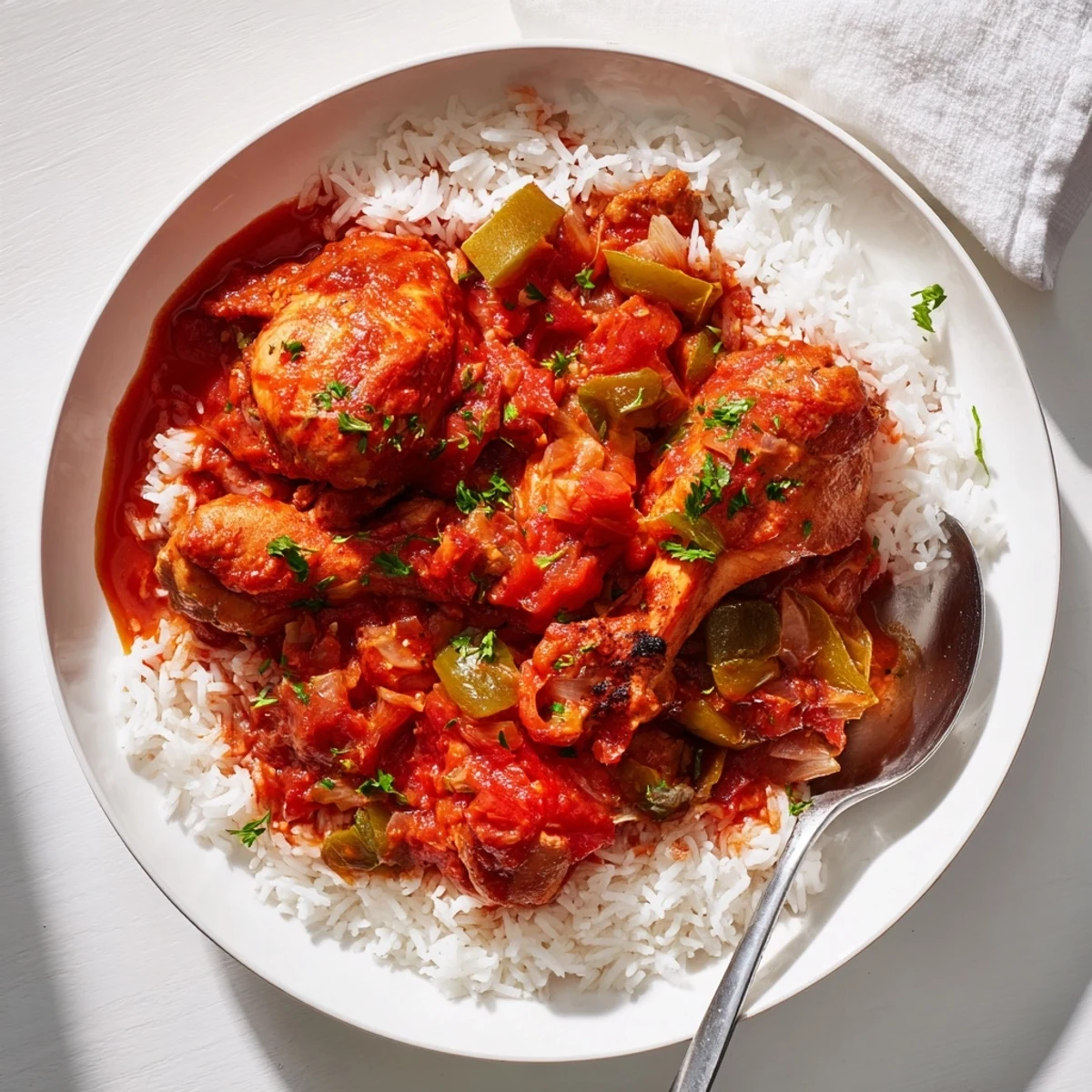 Comforting Louisiana Creole stew featuring tender chicken pieces in savory red sauce served over steaming rice