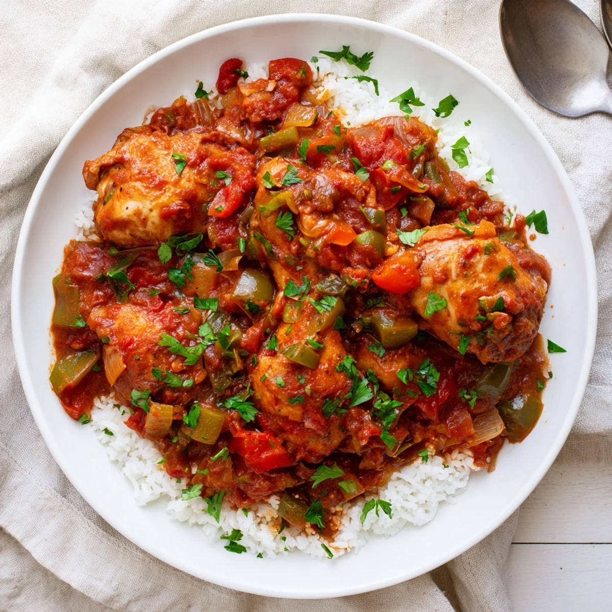 Easy chicken stewed Louisiana style with tender meat, aromatic holy trinity vegetables, and fluffy white rice