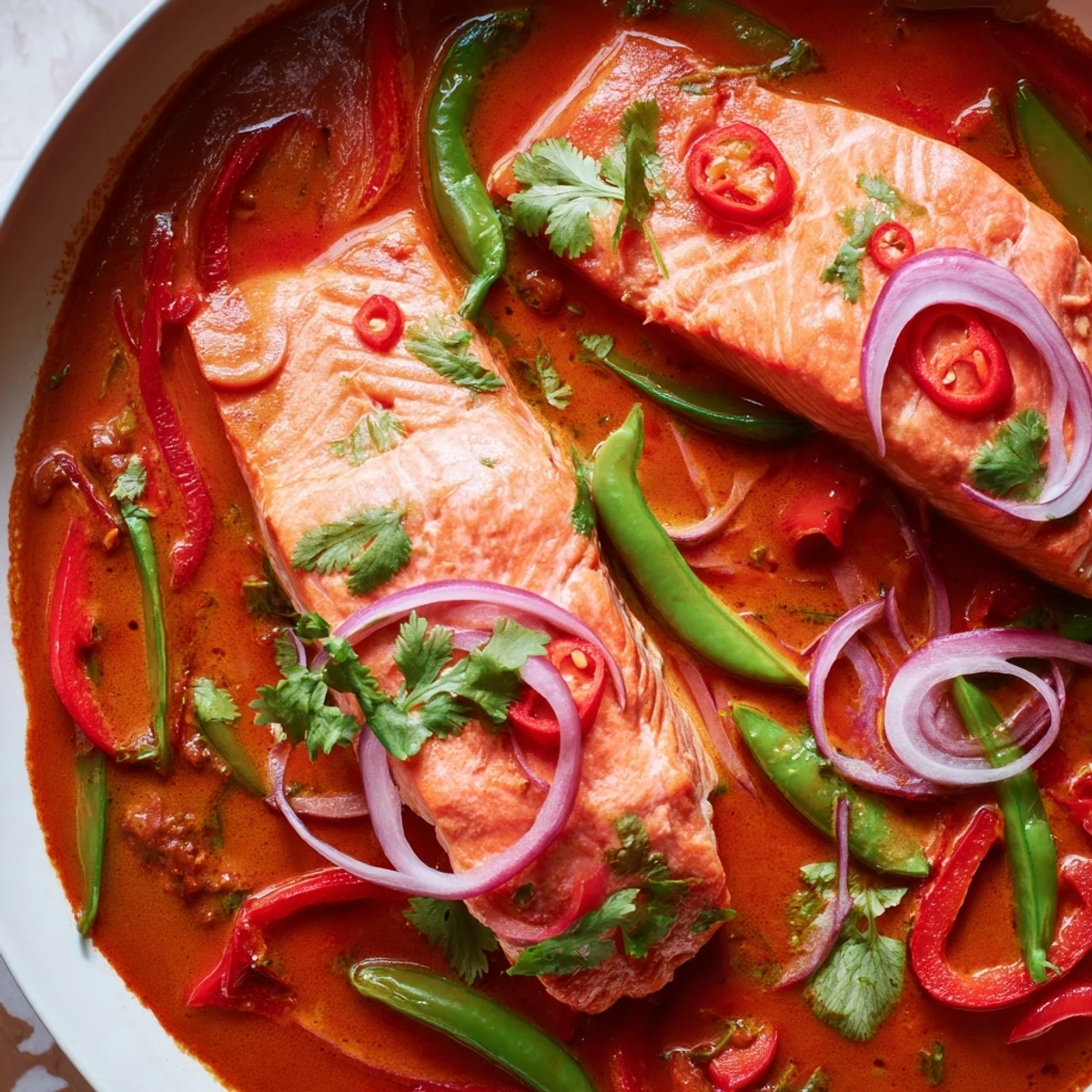 Golden seared salmon fillets simmered in aromatic red curry coconut sauce with vibrant bell peppers