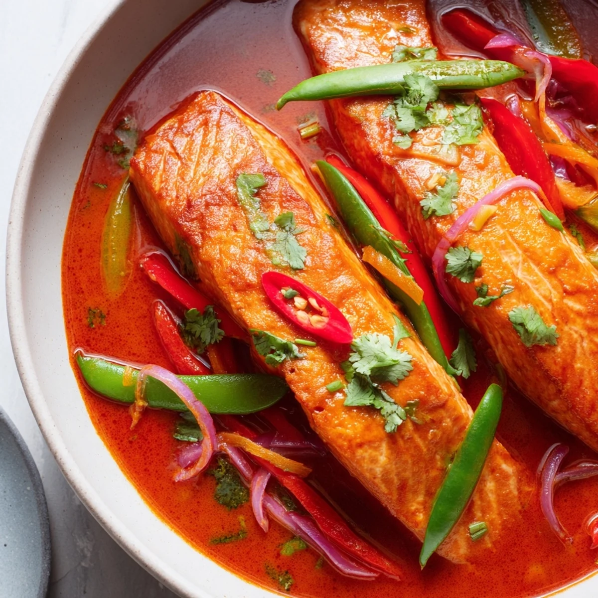Creamy Thai red curry coconut salmon topped with fresh coriander over fluffy white jasmine rice