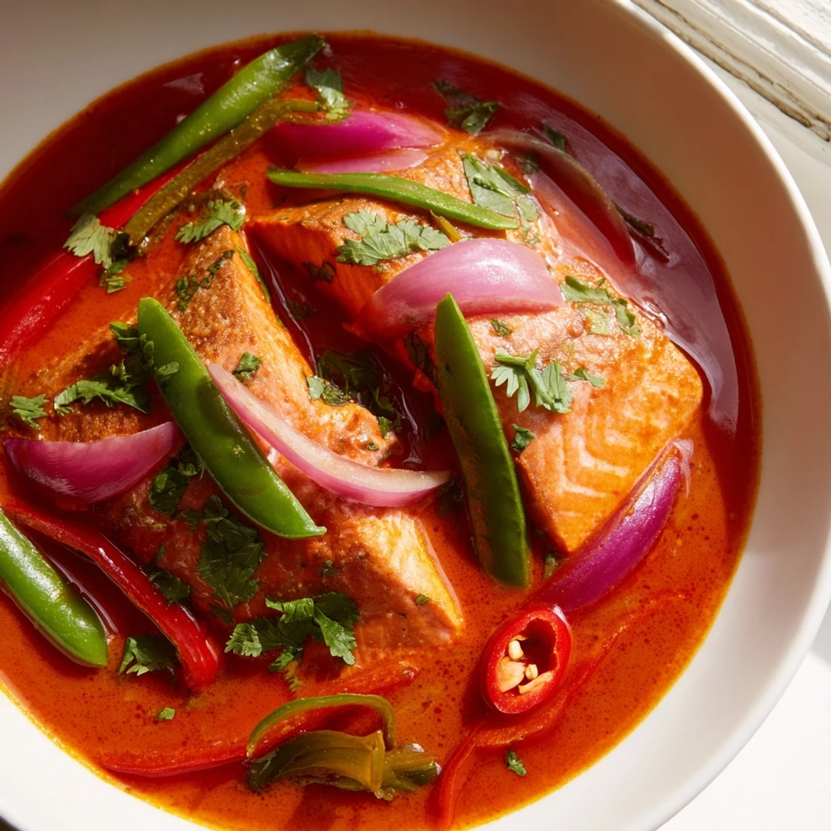 Tender salmon pieces nestled in rich red curry coconut broth with snap peas and red pepper