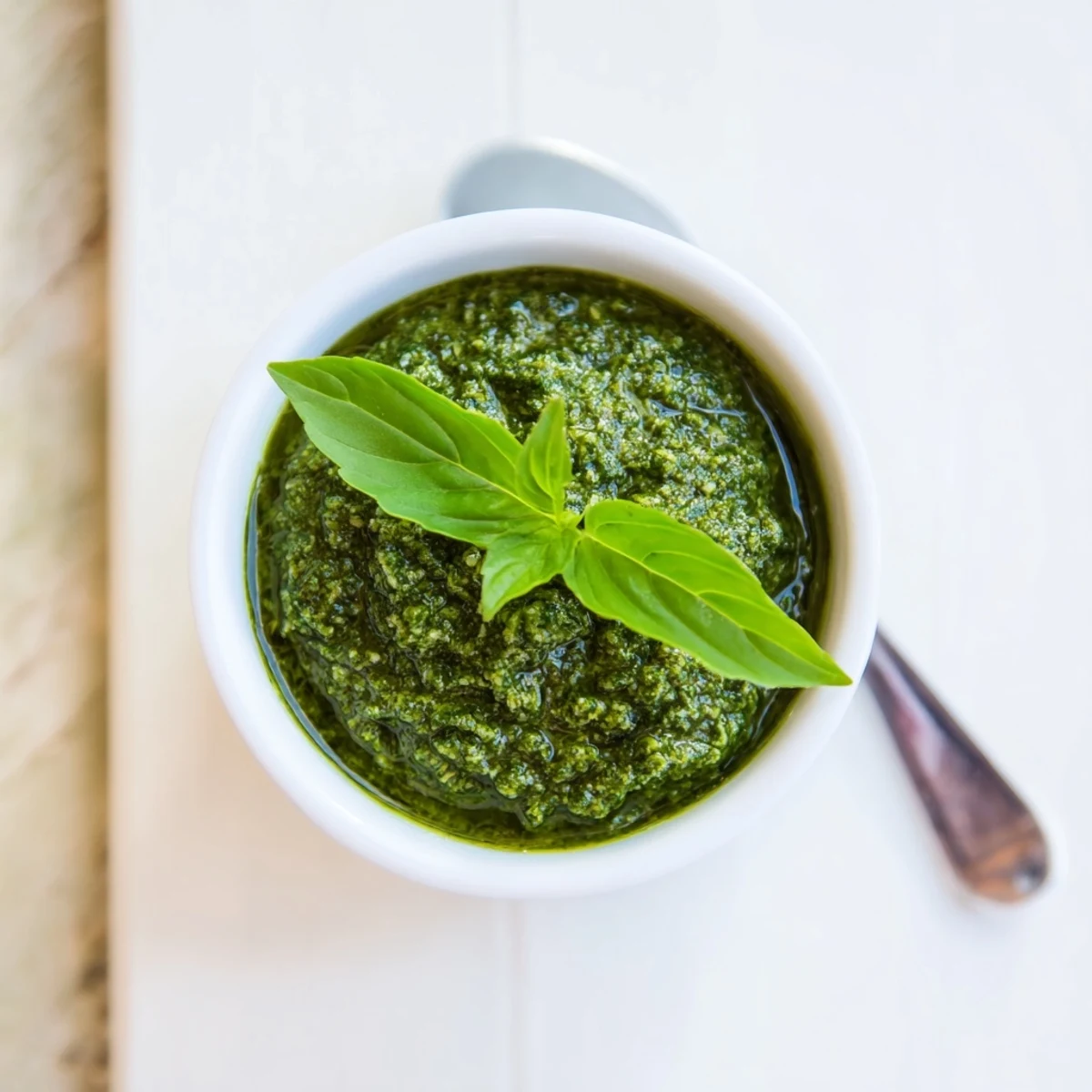 Close-up of aromatic Thai basil pesto spread on crusty bread with fresh cilantro garnish.