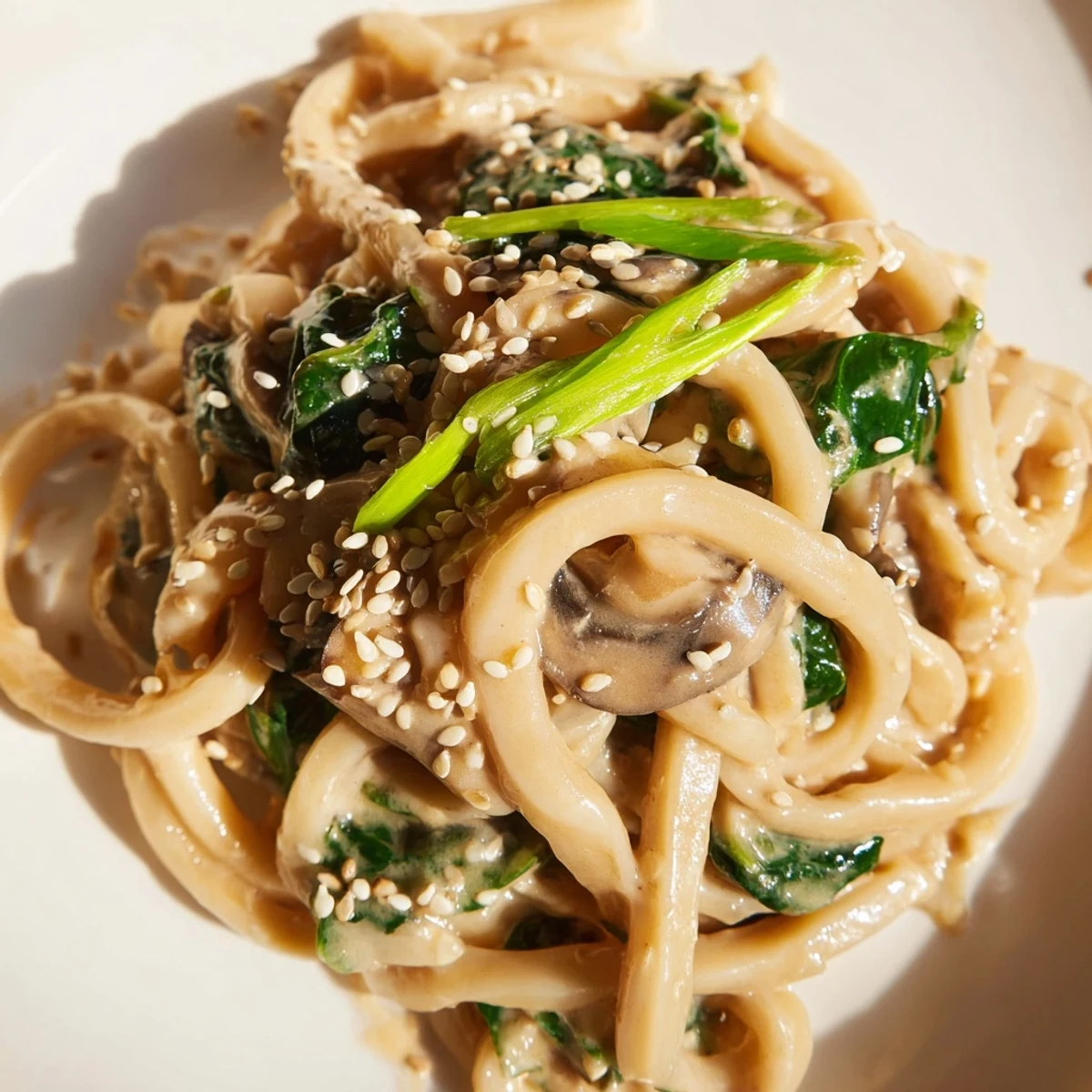 Japanese-inspired creamy miso udon noodles swimming in velvety miso cream sauce with baby spinach and colorful garnish of sesame seeds and chili flakes
