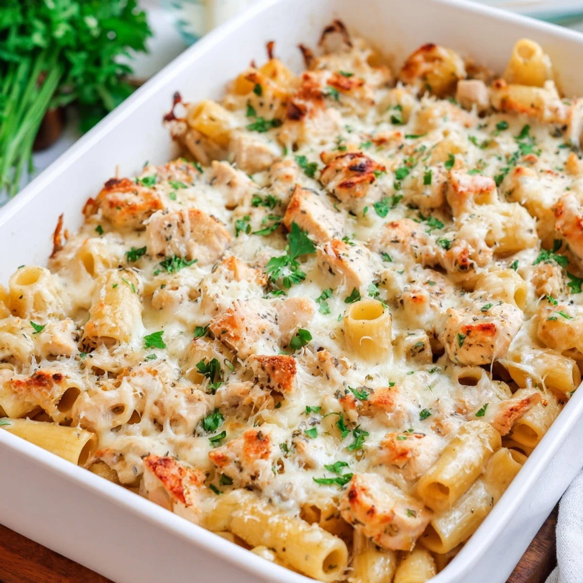 Creamy garlic cheese sauce coats tender chicken and rigatoni pasta in this comforting baked casserole
