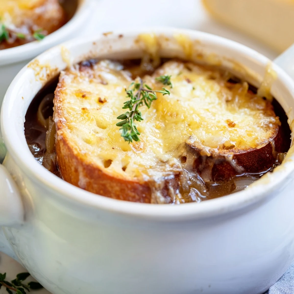 Caramelized onion Slow Cooker French Onion Soup bubbling in a white ceramic bowl with bread